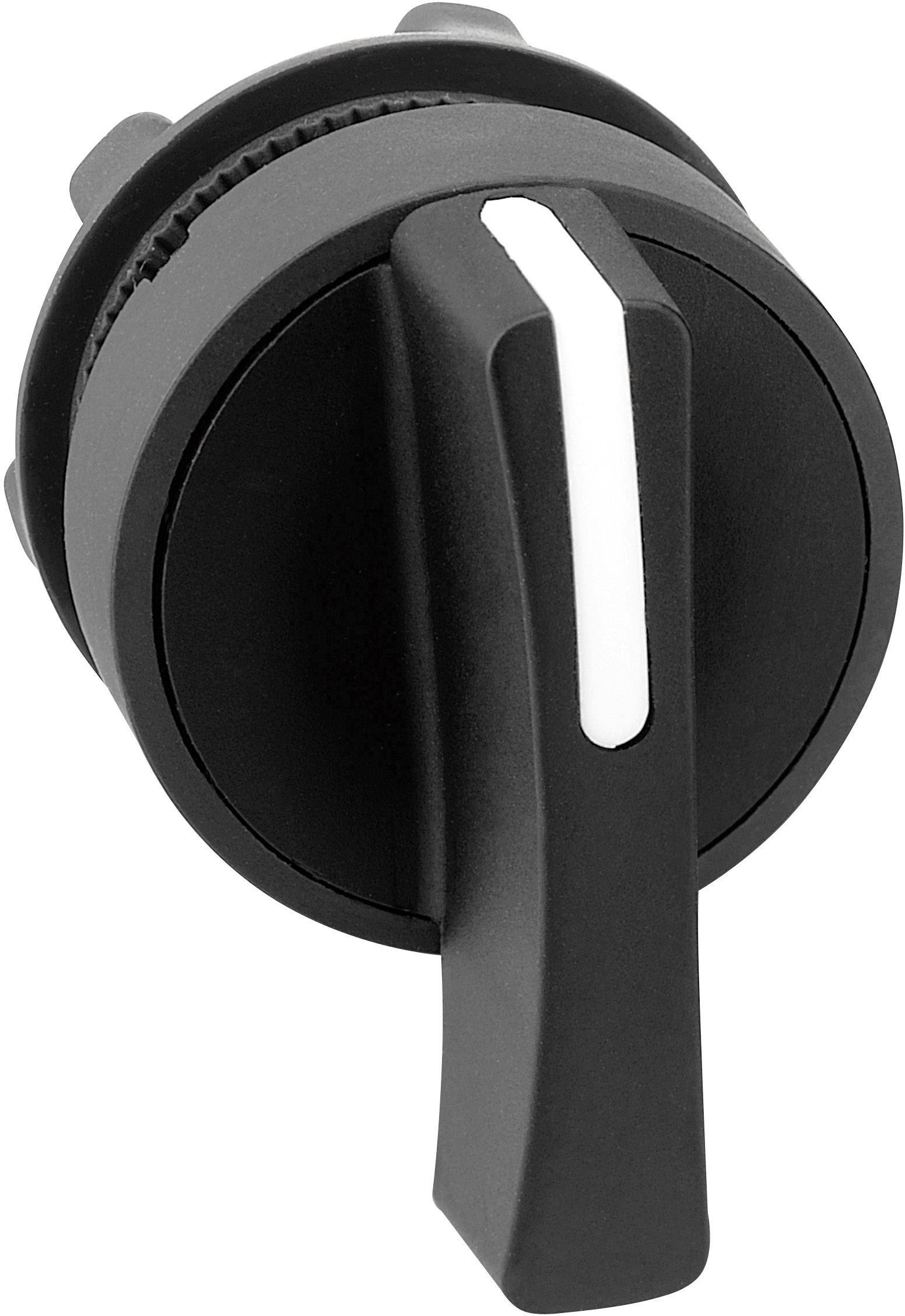 Ein schwarzer, drehbarer Schalter mit weißem Streifen, oft für die Steuerung von Geräten verwendet.