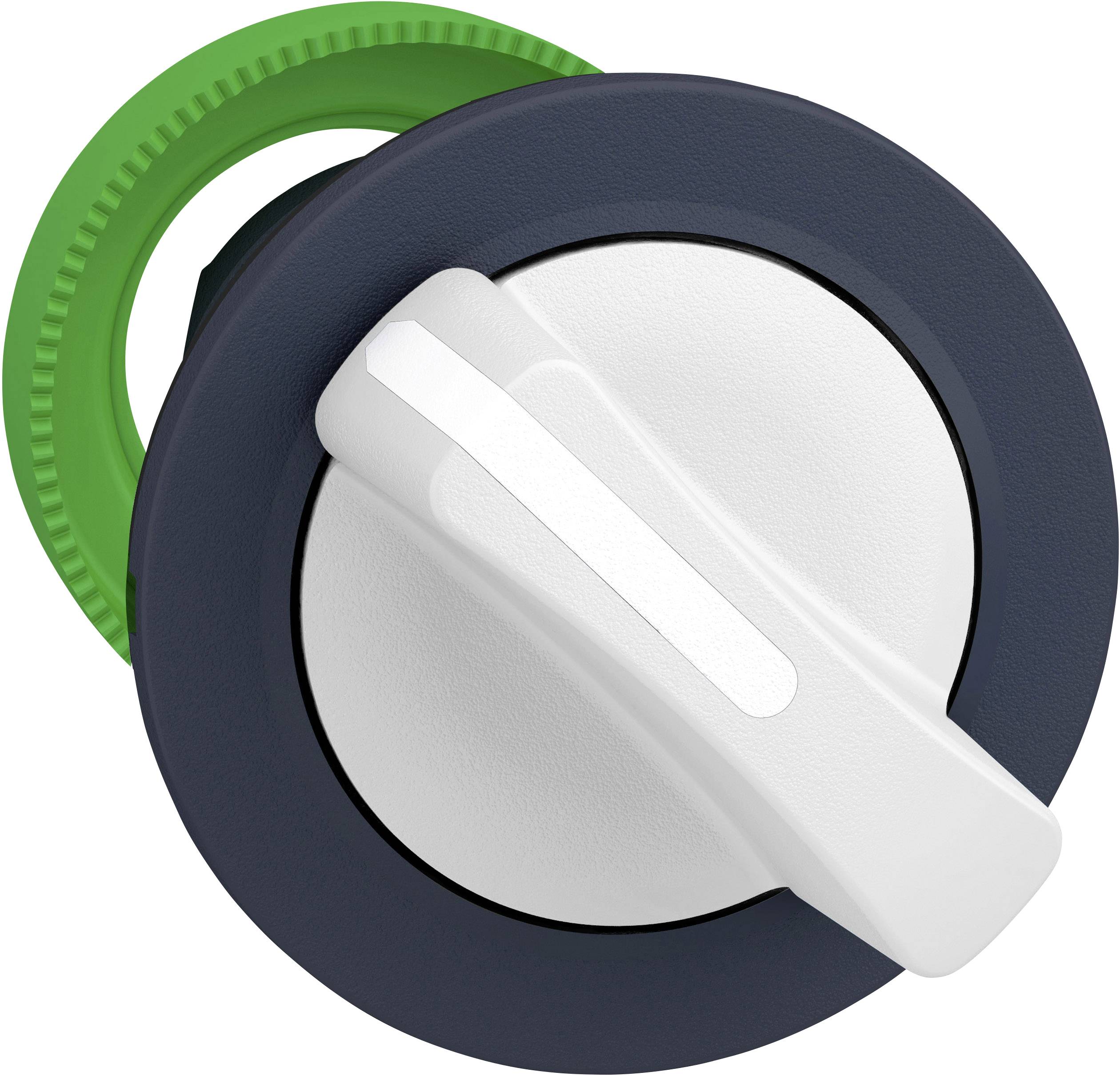 Grüner und weißer Schaltersensor mit ergonomischem Design und runden Griff. Drehmechanismus für einfache Steuerung.