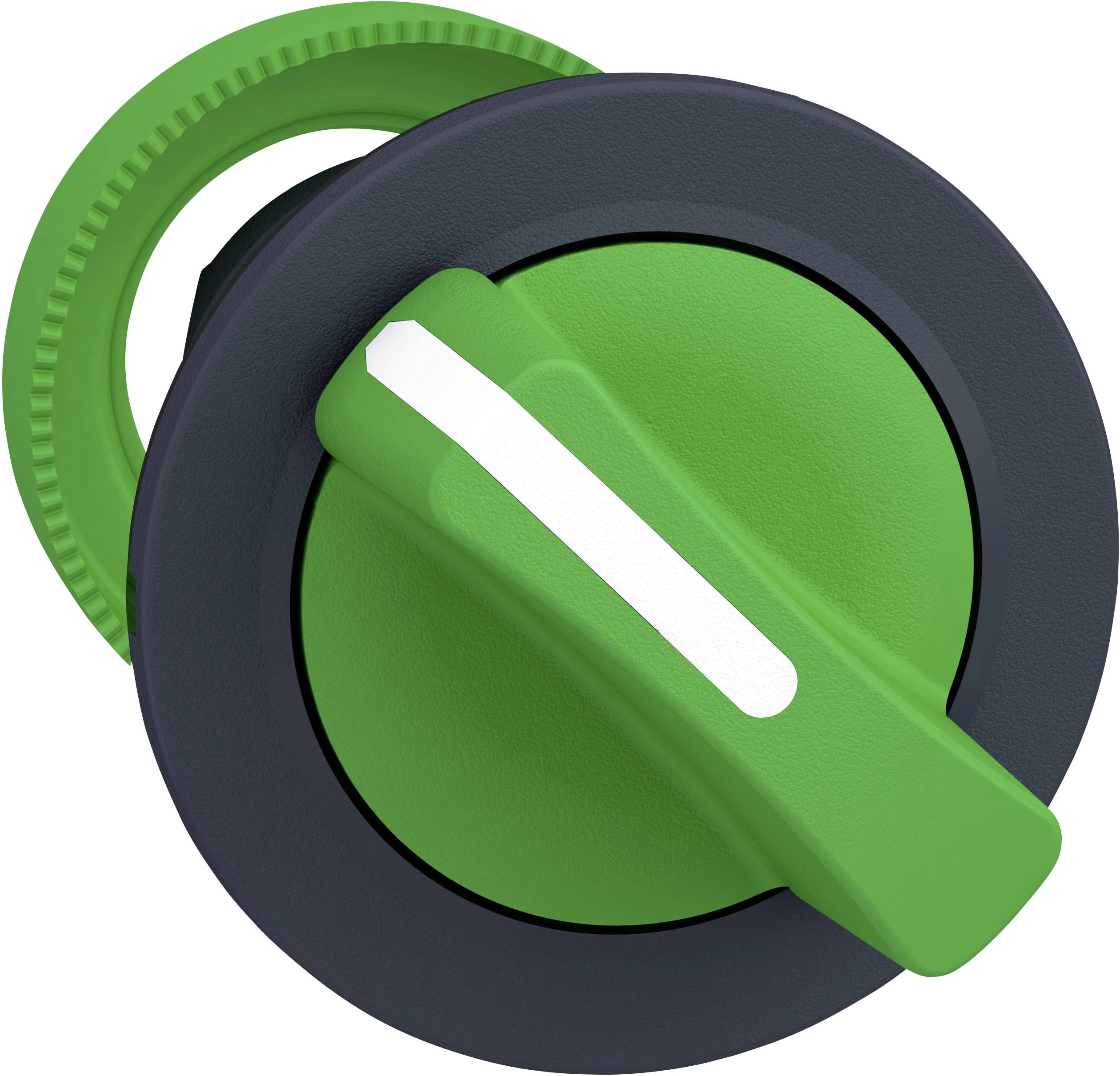 Grüner Drehknopf mit weißem Strichmarkierung auf dunkelgrauer Basis, zeigt die Position als 