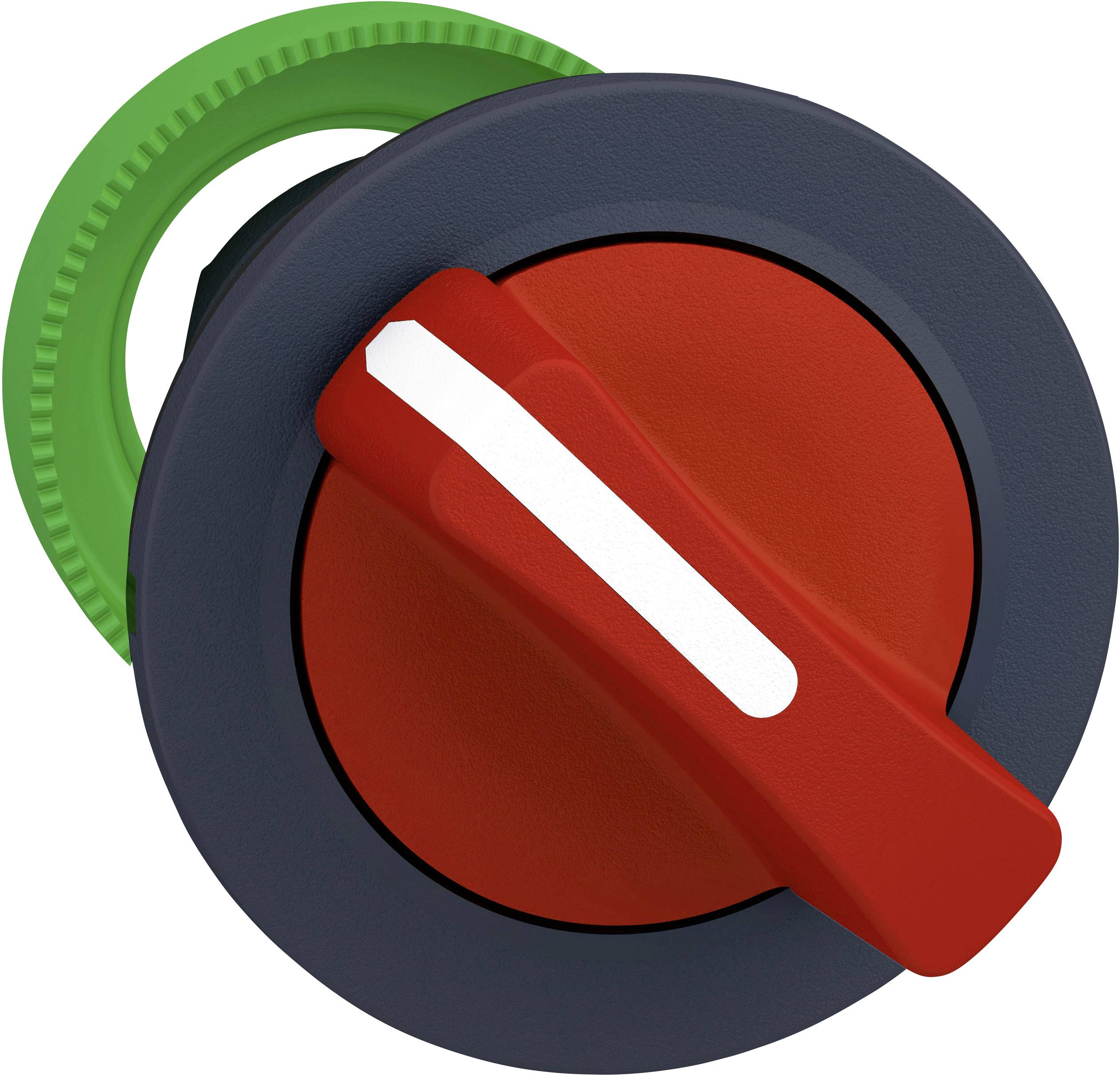 Roter Drehschalter mit weißem Markierungsstreifen auf grauem Hintergrund, grüner Ring um den Schalter.