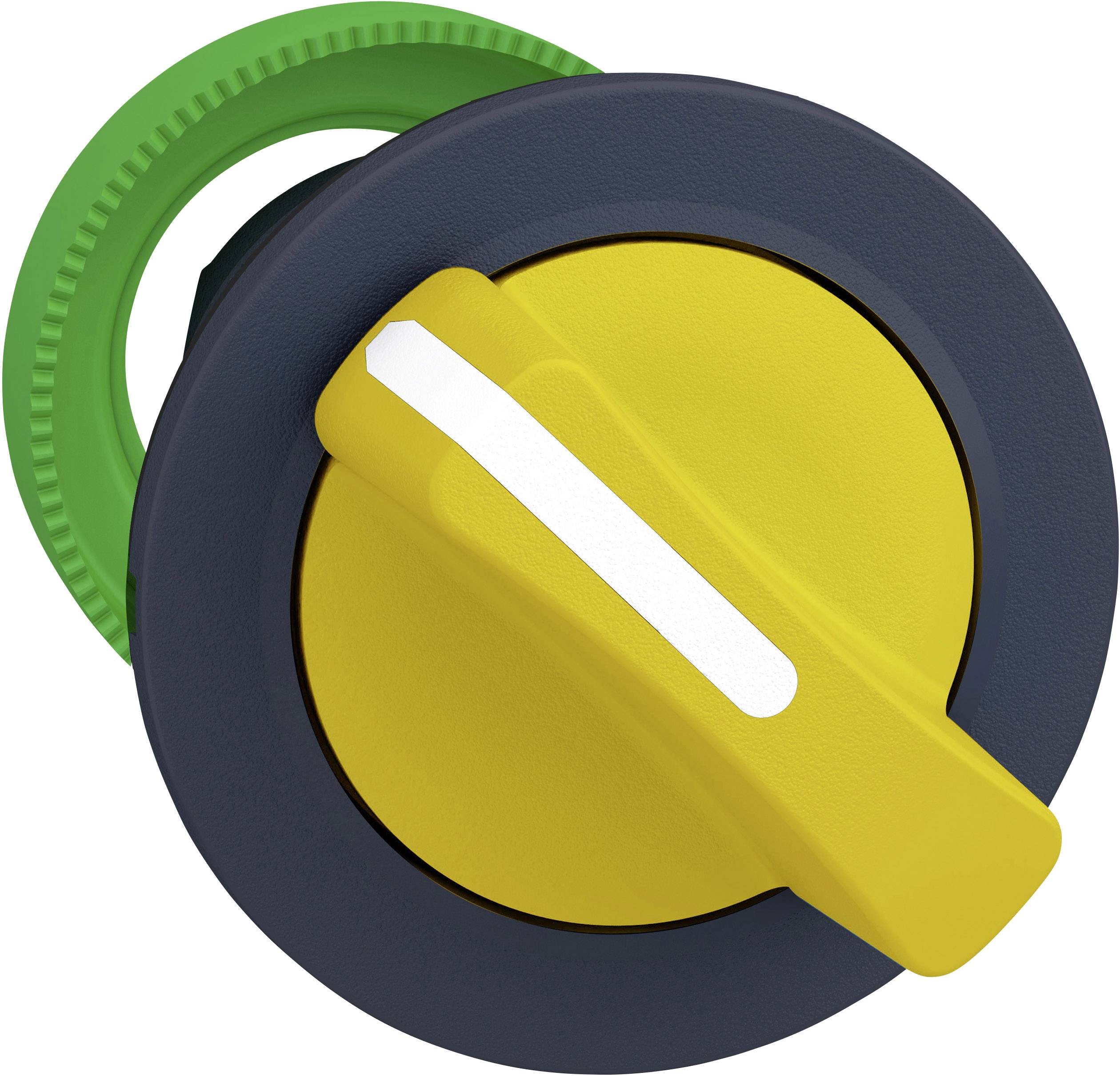 Gelber Drehschalter in grauer Fassung, mit grünem Ring im Hintergrund, zeigt auf die Aus-Position.