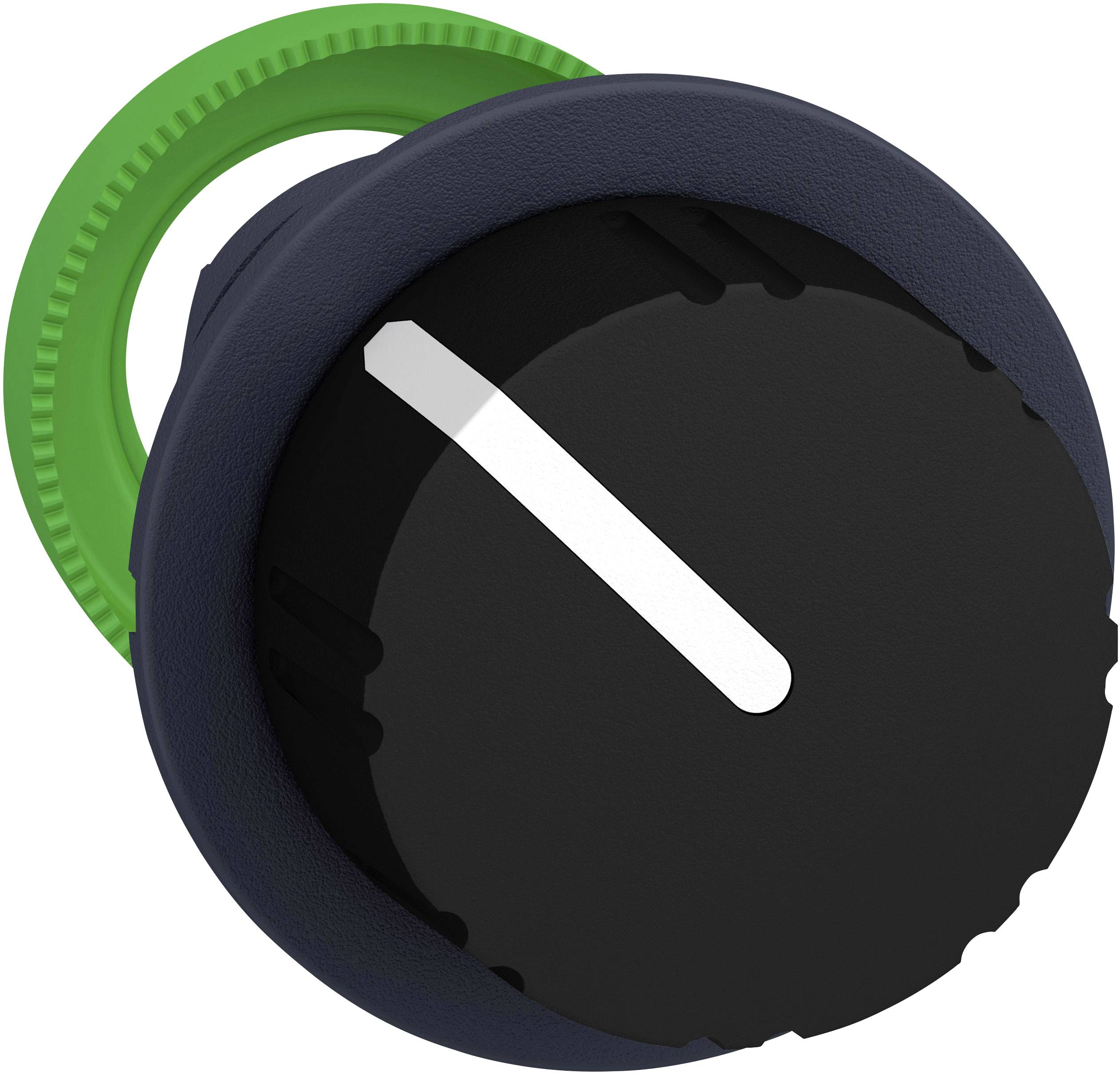 Ein schwarzer, runder Drehknopf mit grüner Unterlage und weißer Markierungslinie, die auf die obere Position zeigt.