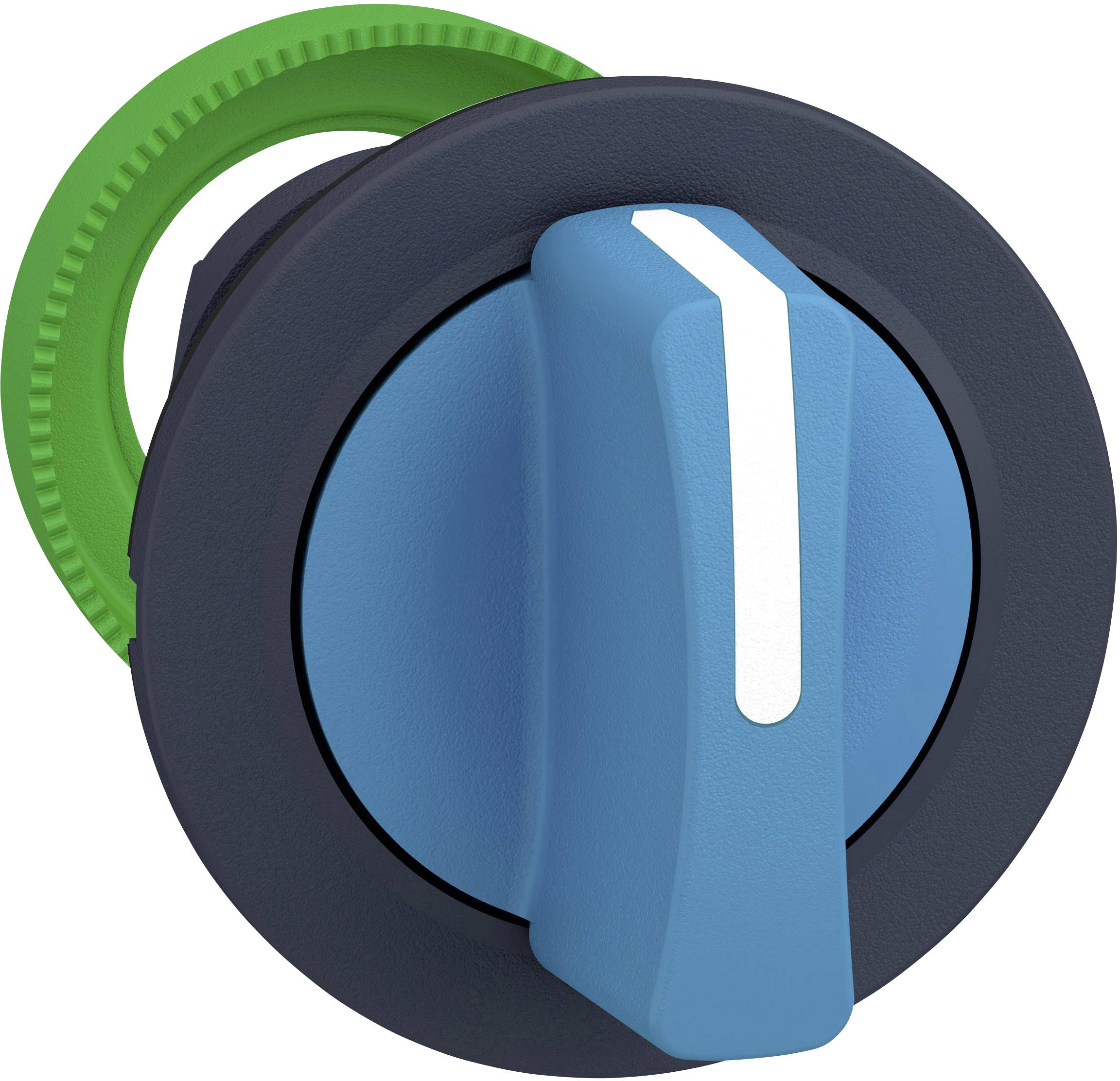 Drehschalter mit grünem Ring und blauem Hebel, der eine weiße Linie für die Positionierung aufweist.