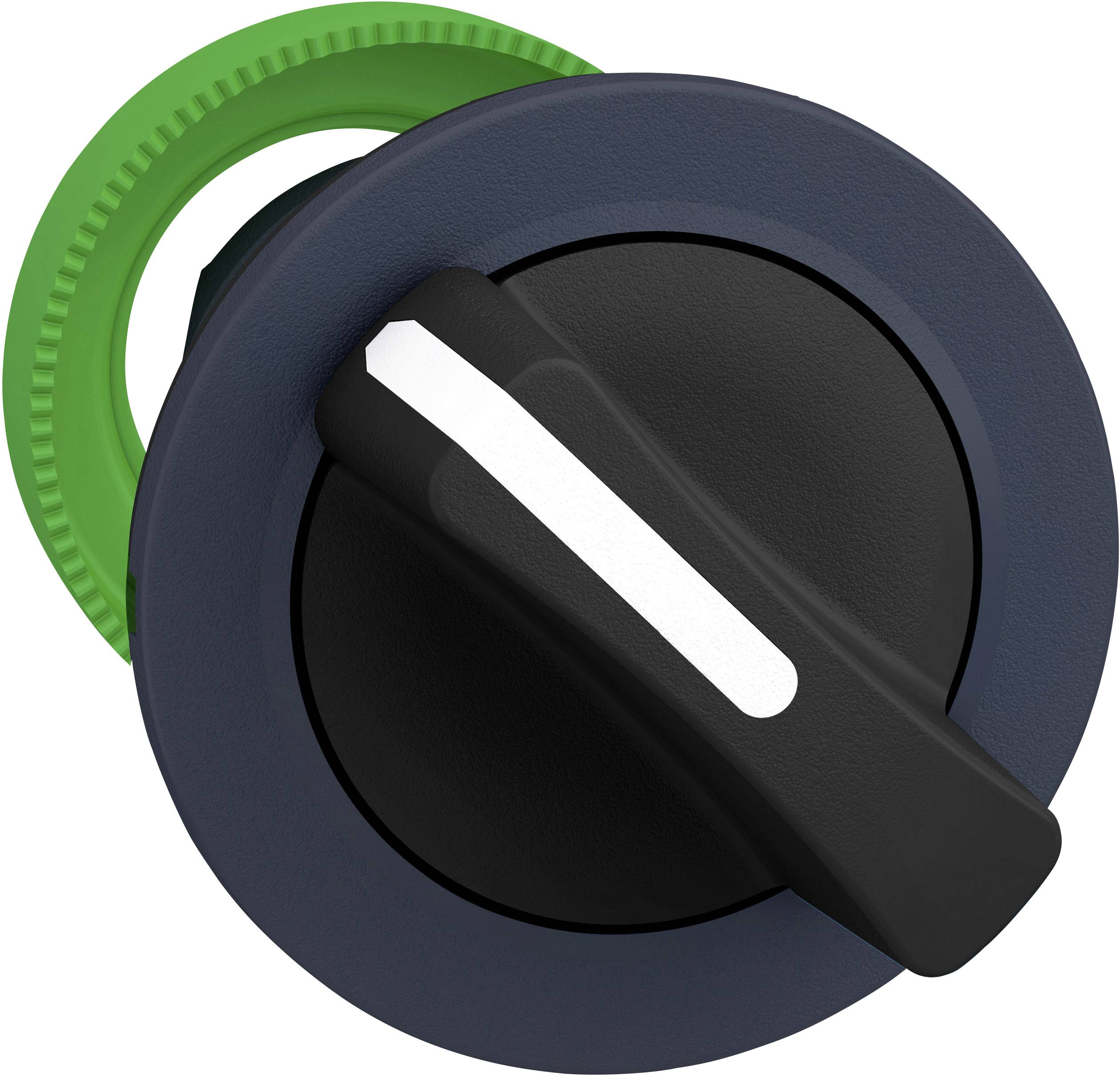 Ein runder Schalter mit einem schwarzen Griff und einem grünen Ring, vermutlich zur Bedienung oder Kontrolle eines Geräts.