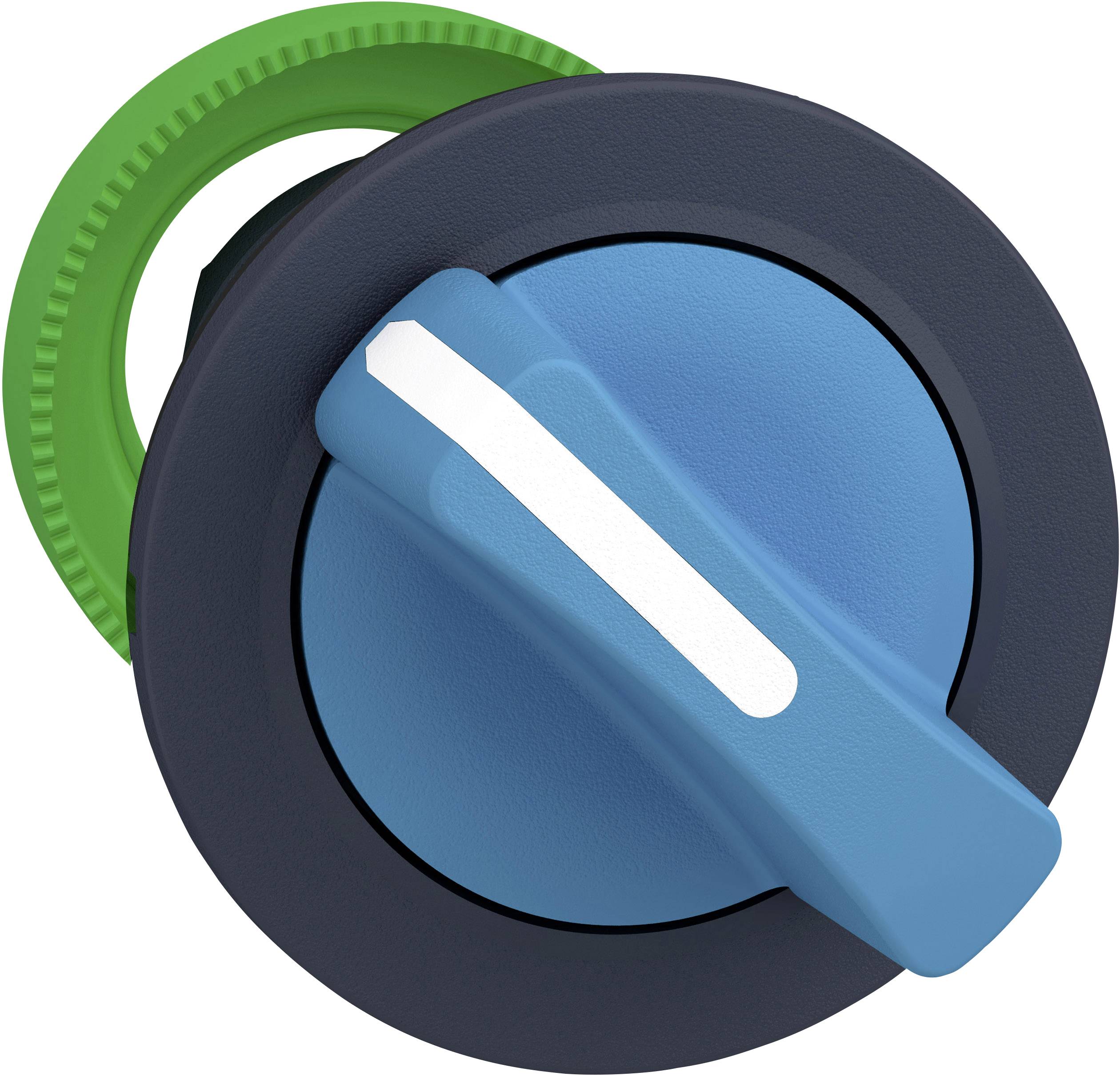 Ein runder Schalter mit einem blauen Griff und einem grünen Zahnrad, der anscheinend zur Steuerung eines elektronischen Geräts verwendet wird.