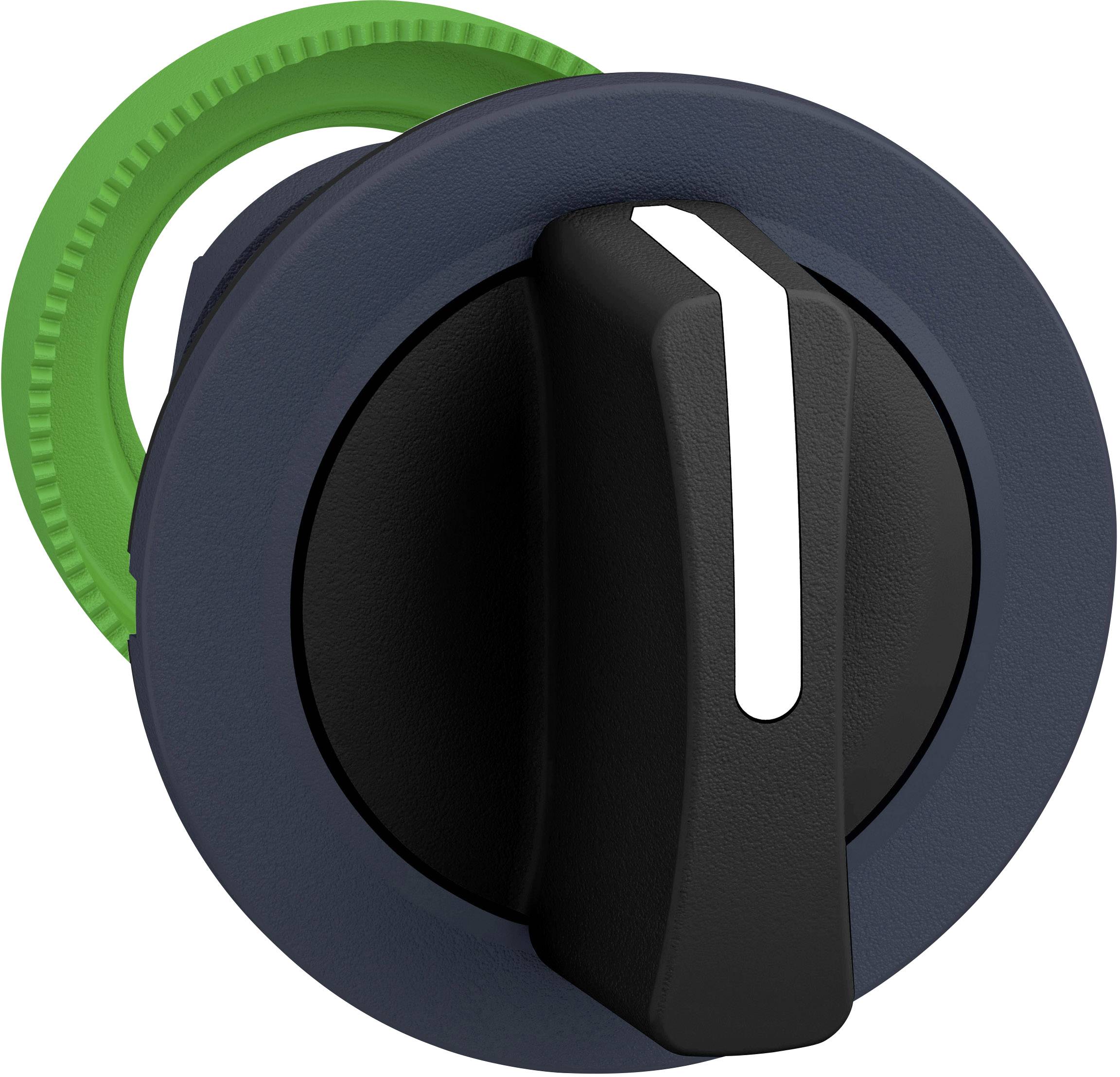 Drehknopf mit schwarzem Griff und grüner Kante, vermutlich zur Steuerung eines Geräts oder einer Maschine.