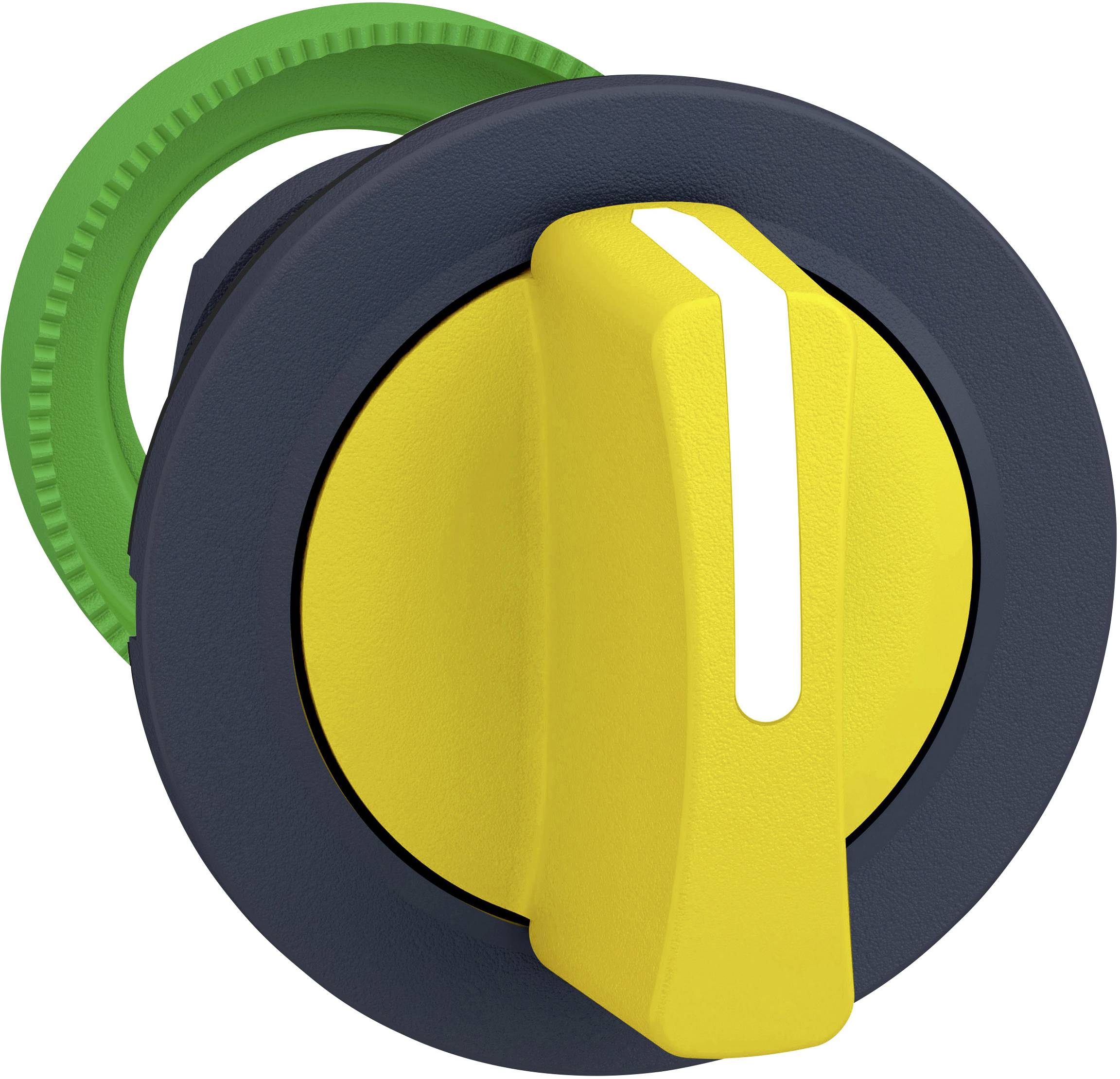 Gelber Drehschalter mit grünem Zahnradring und grauem Rahmen, zeigt derzeit in eingeschaltete Position.