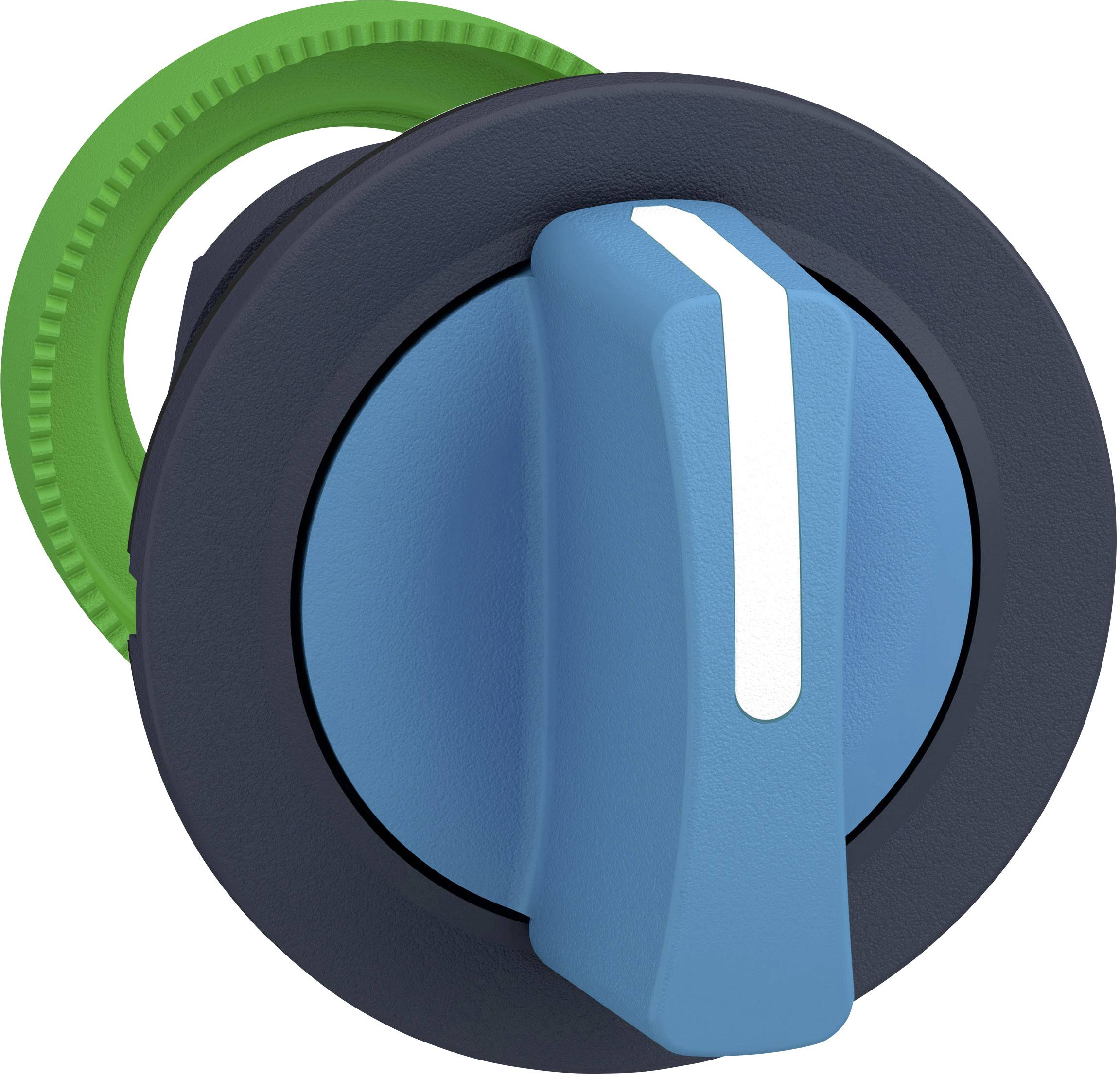 Ein runder blauer Schalthebel mit einem blauen Griff und weißem Streifen, umgeben von einem grünen Außenring.