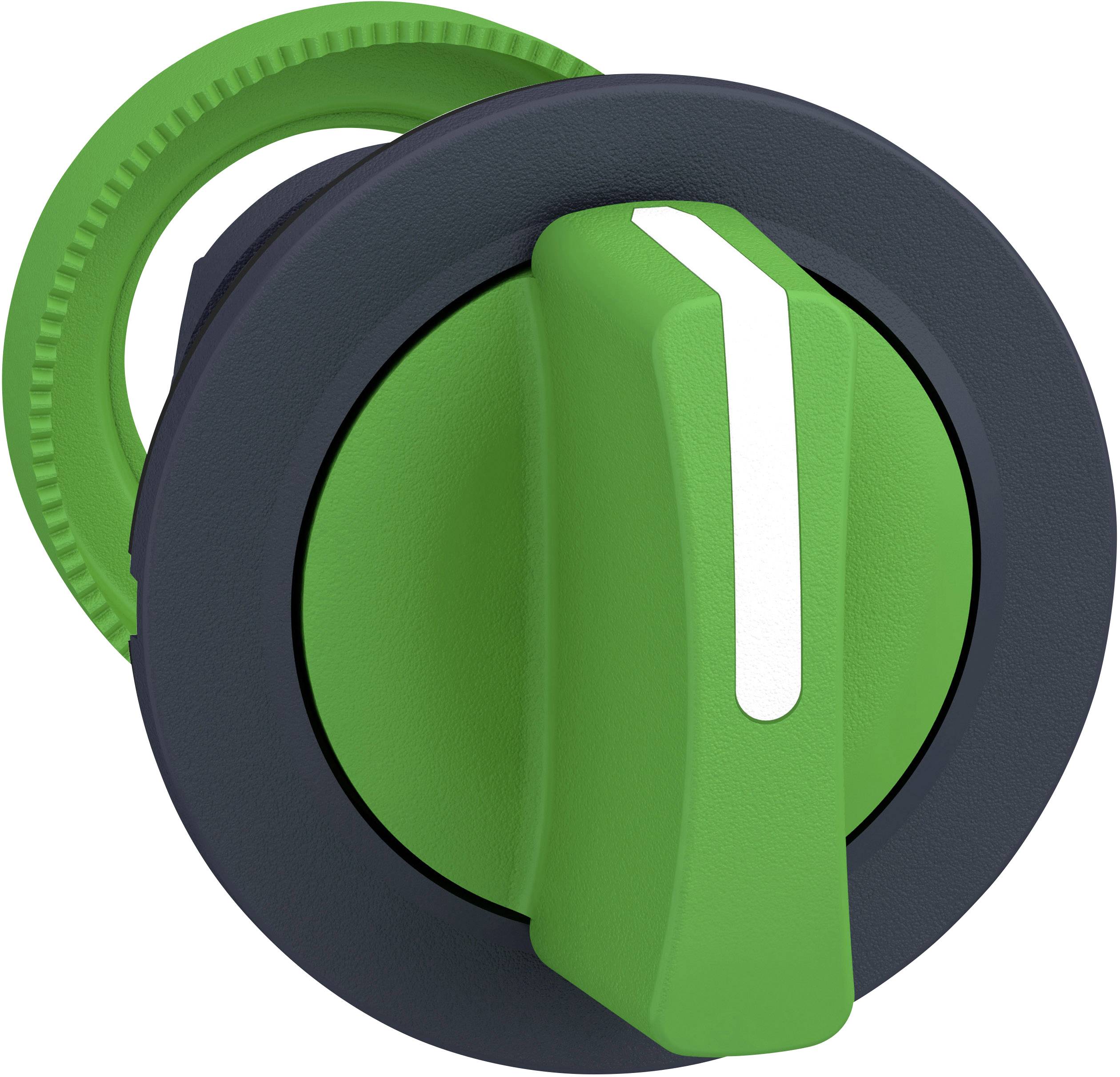 Grüner Drehschalter mit weißem Streifenmarkierung auf schwarzem Rahmen, möglicherweise für elektronische Steuerungen verwendet.