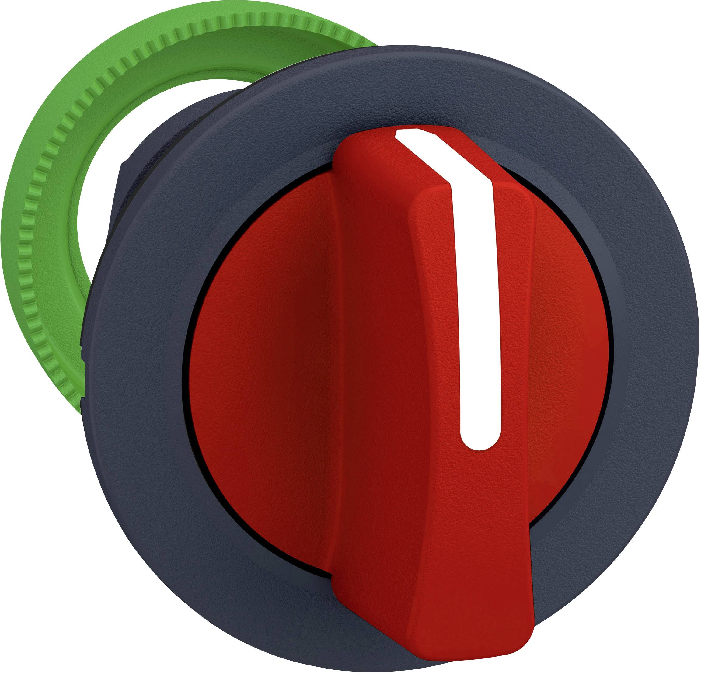 Roter Drehschalter mit grünem Ring auf dunklem Hintergrund.