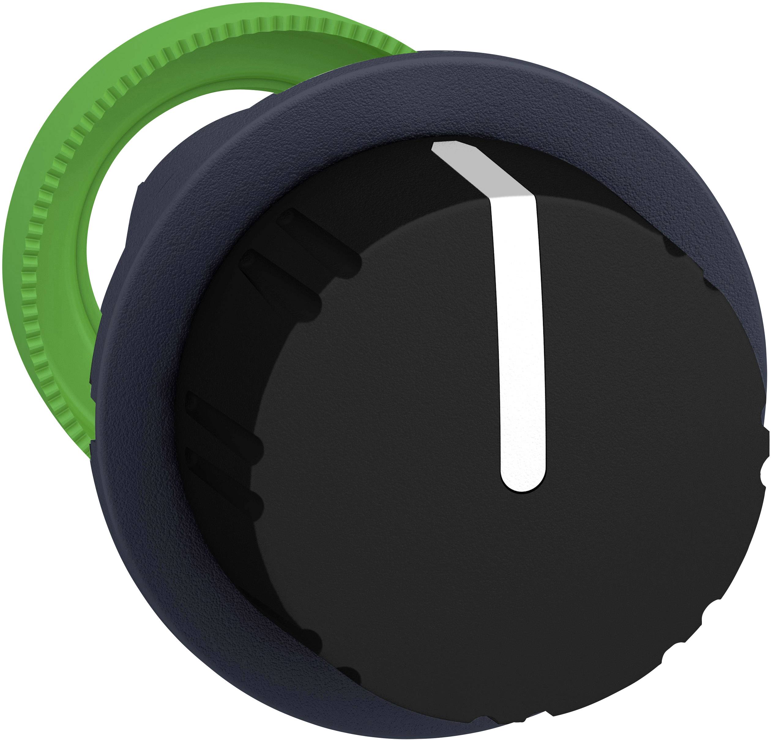 Schwarzer Drehknopf mit grünem Gehäuse, weiße Markierung zeigt Position an, mögliche Verwendung zur Lautstärkeregelung oder Einstellung.