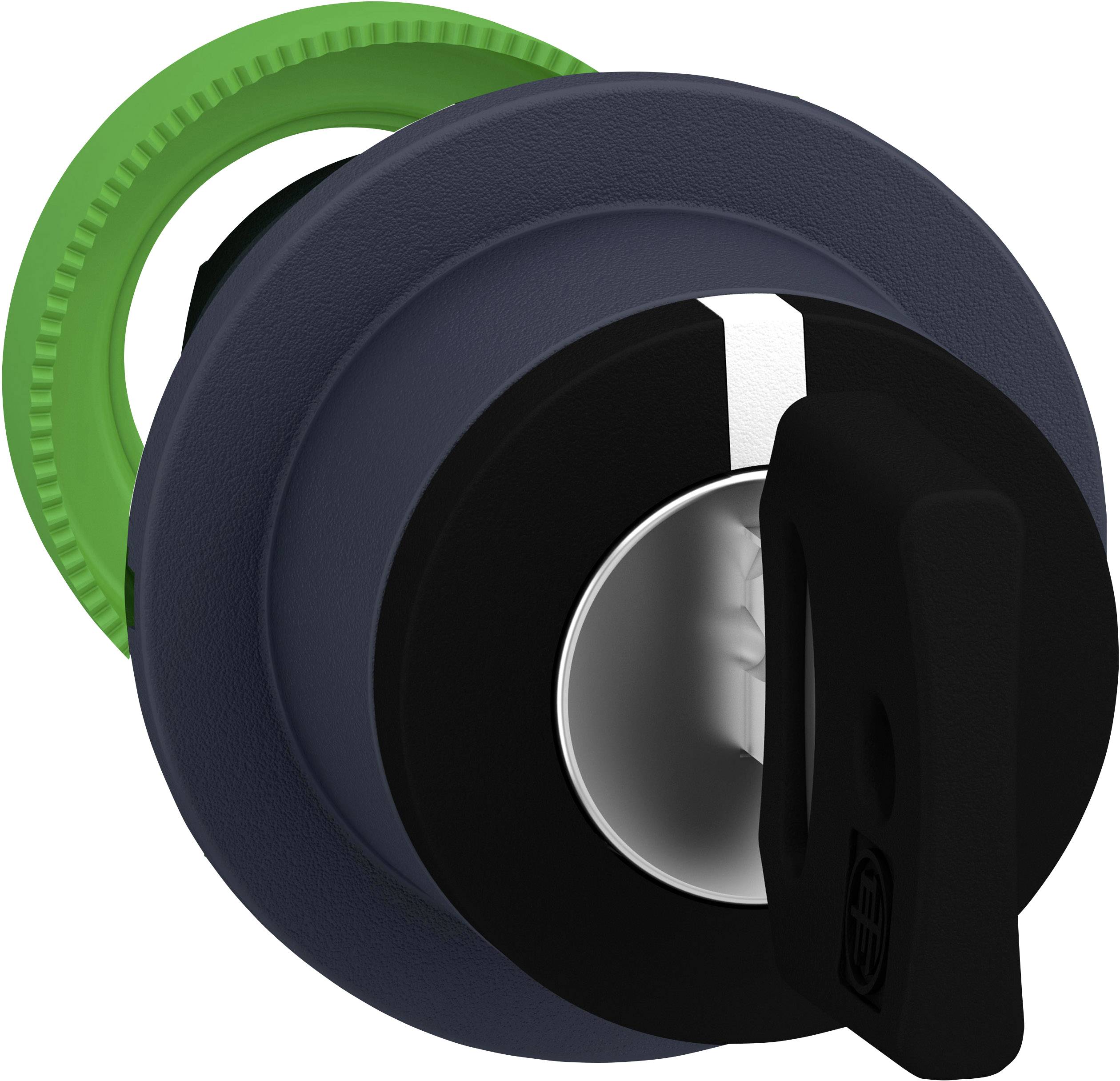 Ein schwarzer Schalter mit einem grünen Ring und kleinem Hebel, möglicherweise zur Steuerung eines elektrischen Geräts verwendet.
