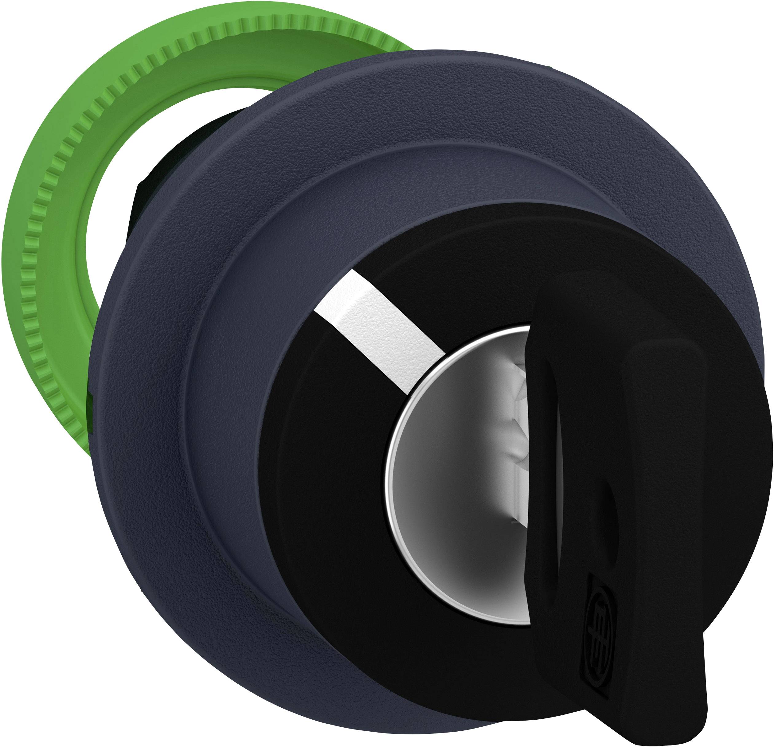 Ein kreisförmiger Schaltknopf mit grüner Markierung und schwarzem Griff, möglicherweise für industrielle oder elektronische Bedienfelder.