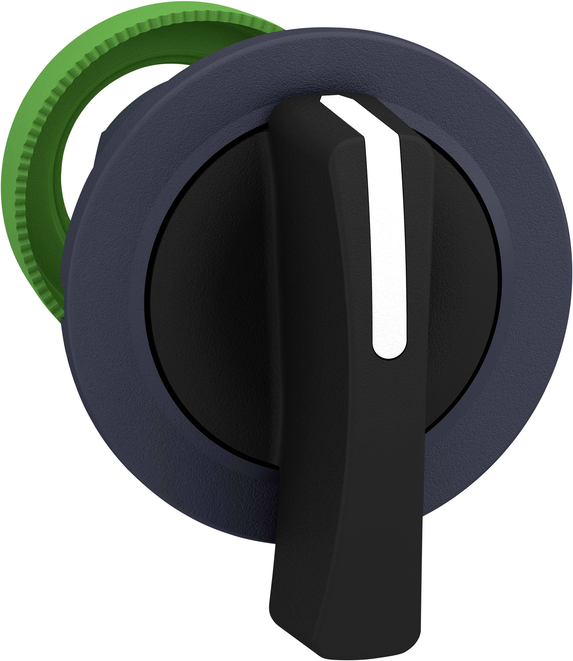 Ein schwarzer Drehschalter mit einer weißen Markierung auf dem Griff. Ein grüner ringförmiger Mechanismus umgibt den Schalter.