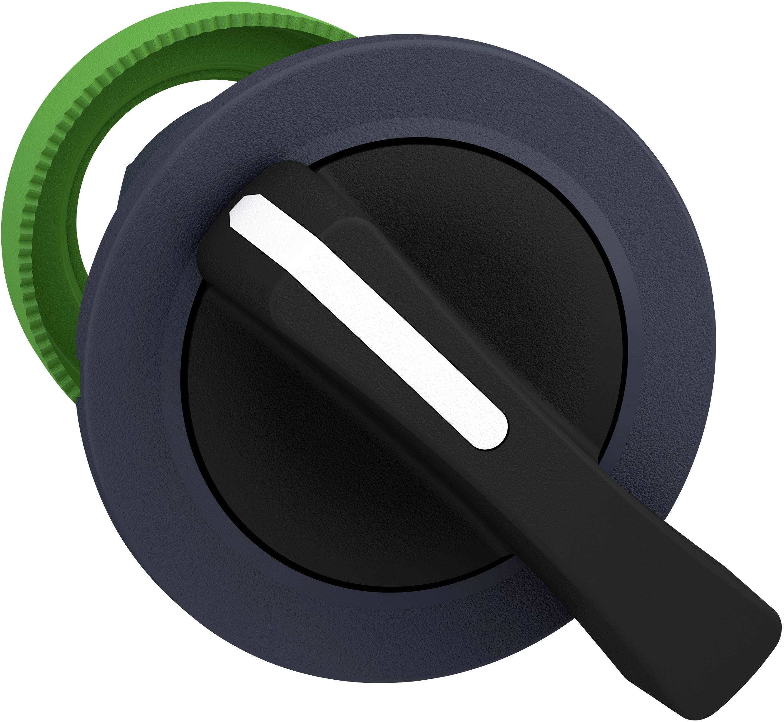 Ein runder, schwarzer Drehschalter mit grünem Ring. Der Schalter ist nach rechts gedreht.