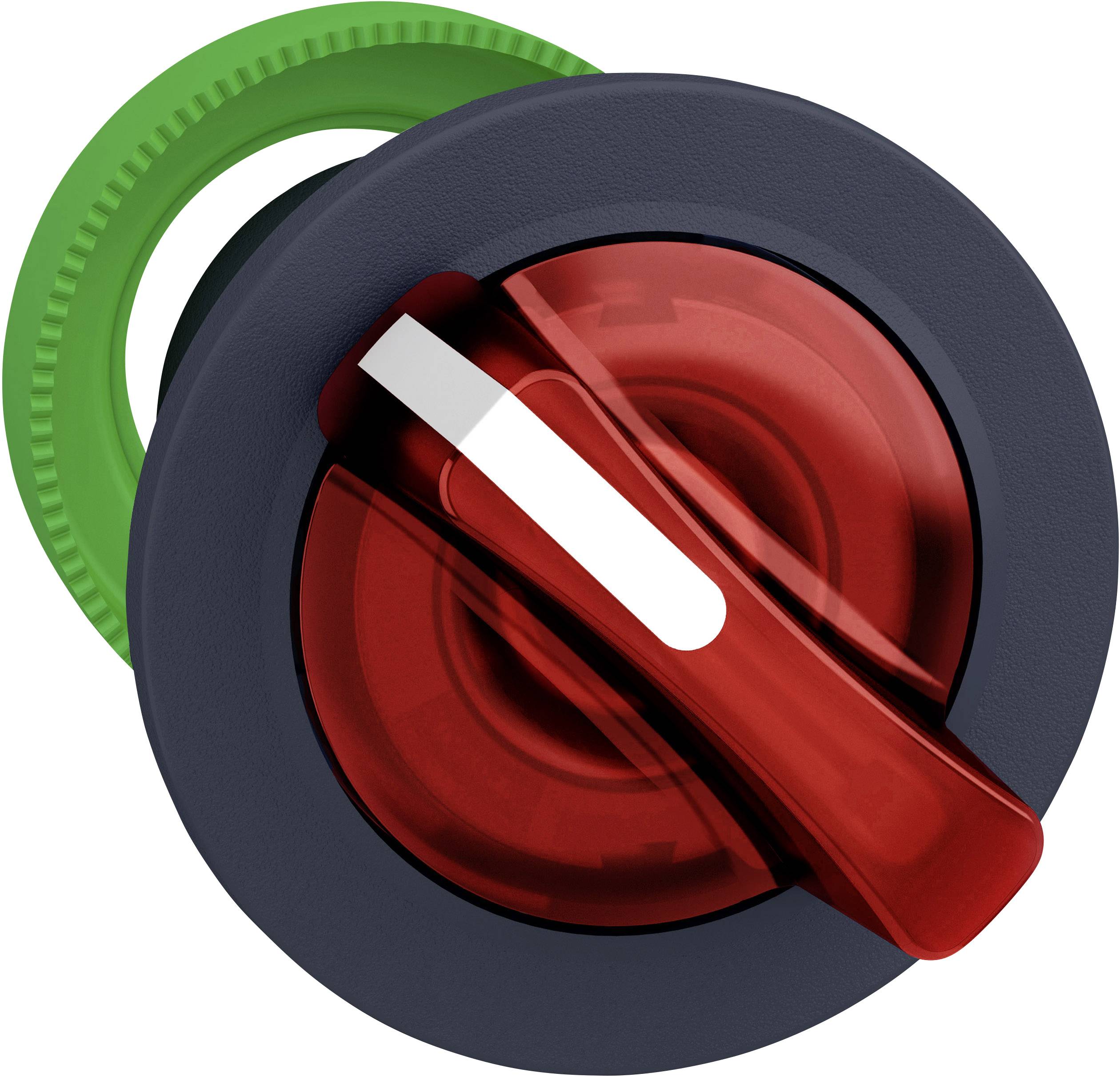 Ein roter Kippschalter mit einem grünen Sockel, zeigt auf 'Aus'.