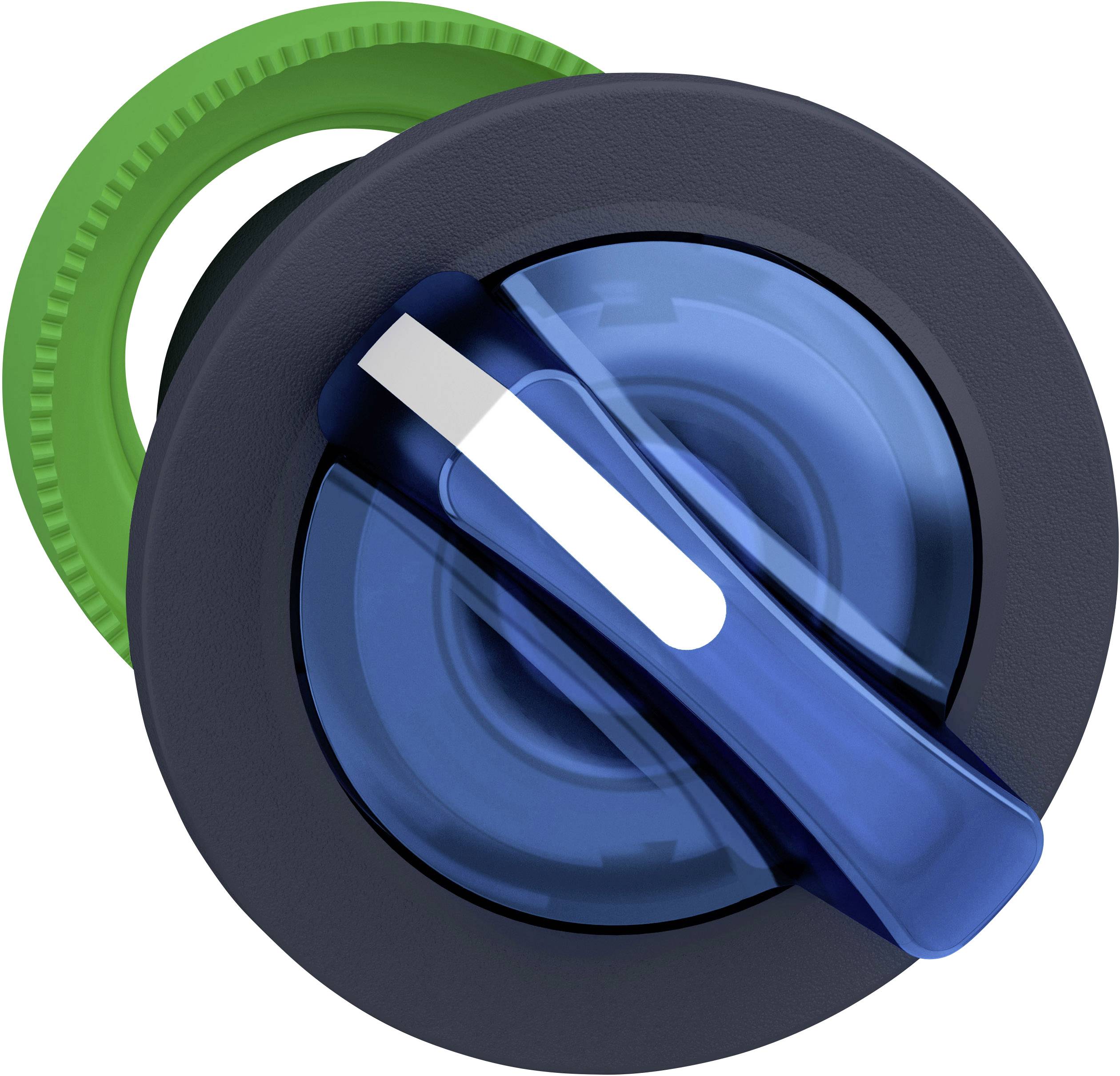 Ein runder, schwarz-grauer Drehknopf mit einem blauen Griff und grünem Ring, der für ein Gerät oder eine Maschine verwendet wird.