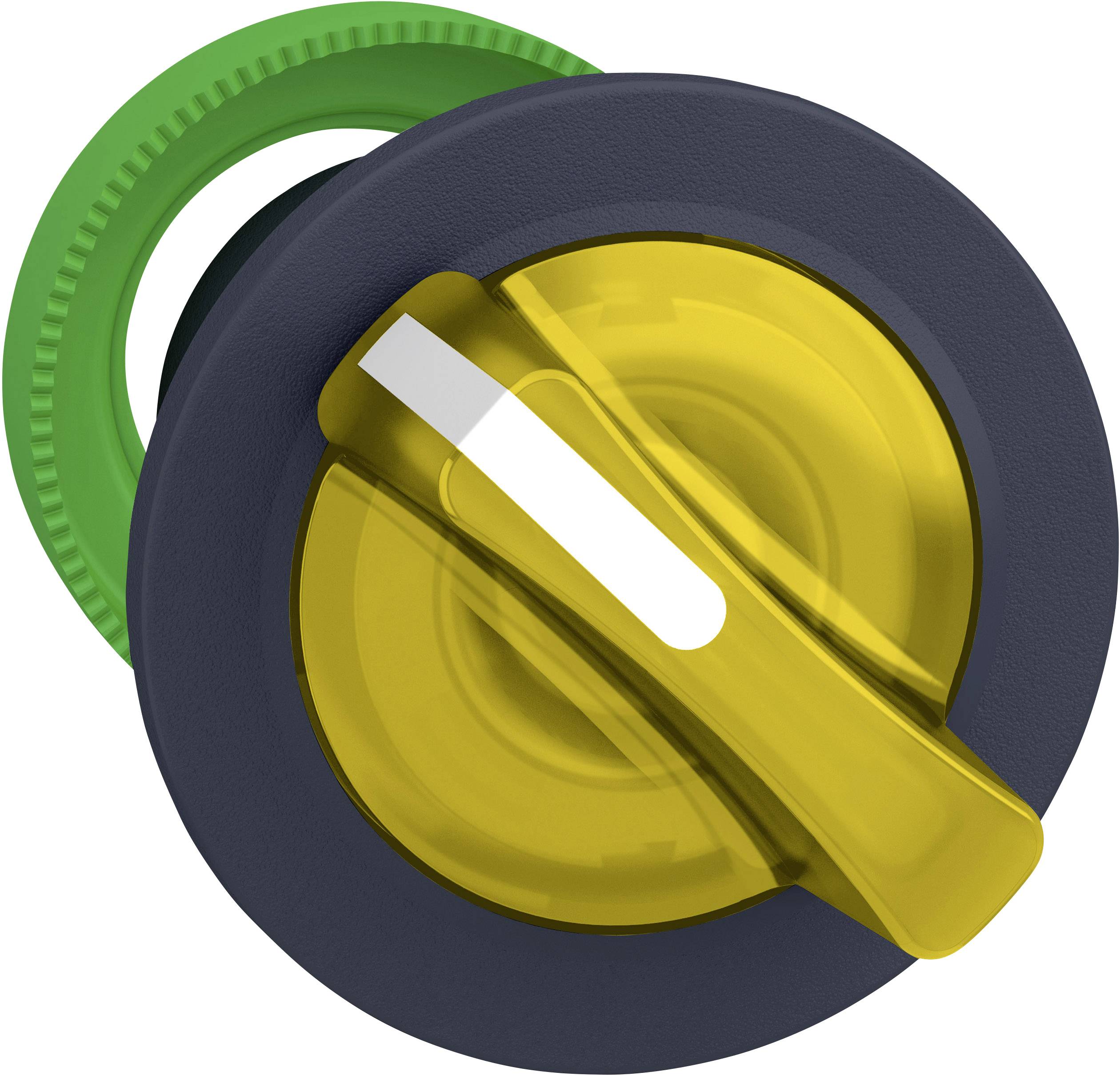 Drehknopf in gelb mit grünem Ring auf dunklem Hintergrund.