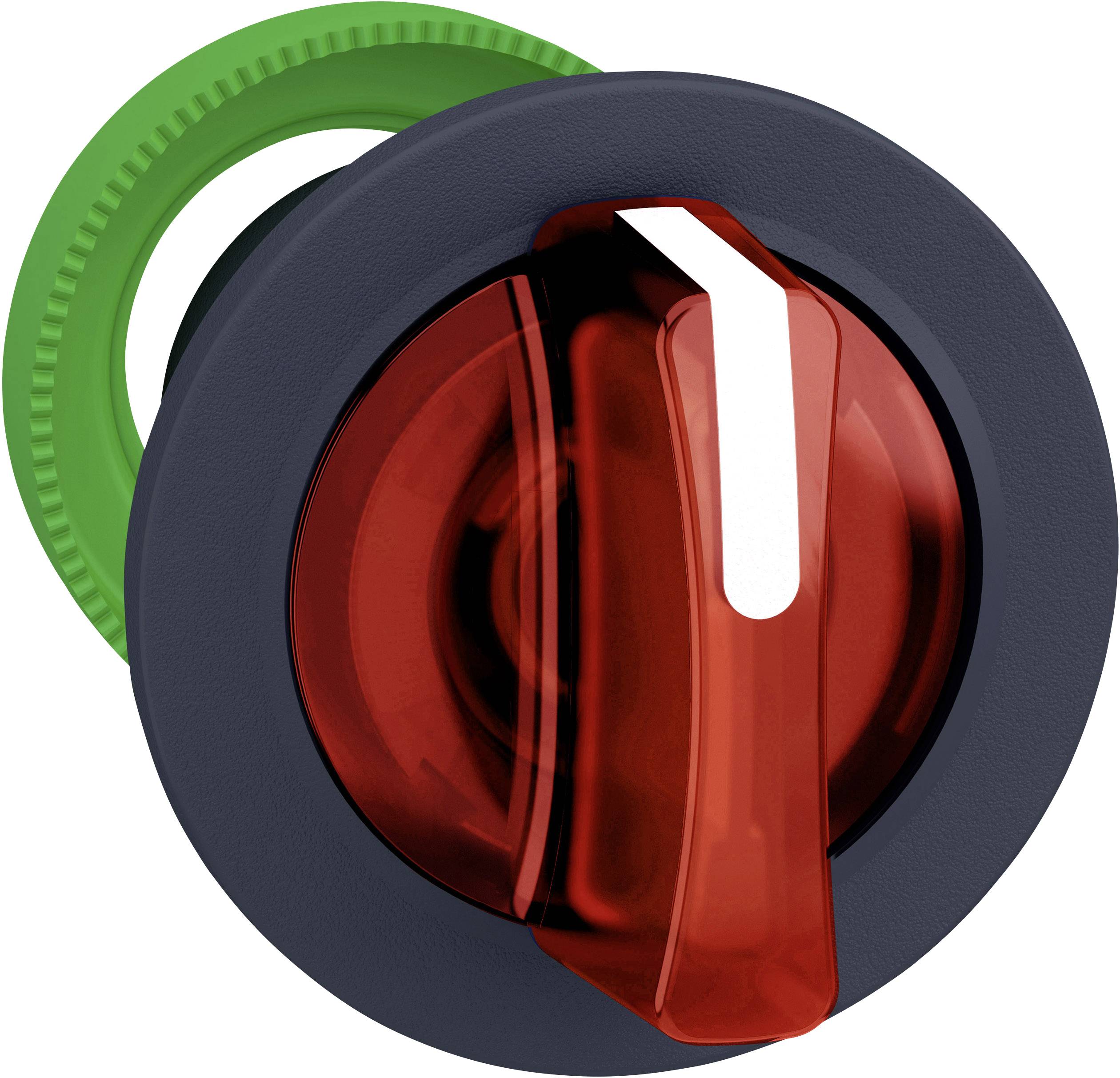 Roter Drehschalter mit Pfeildesign, umgeben von einem grünen Ring. Verwendet zur Steuerung oder Aktivierung von Maschinen oder Geräten.