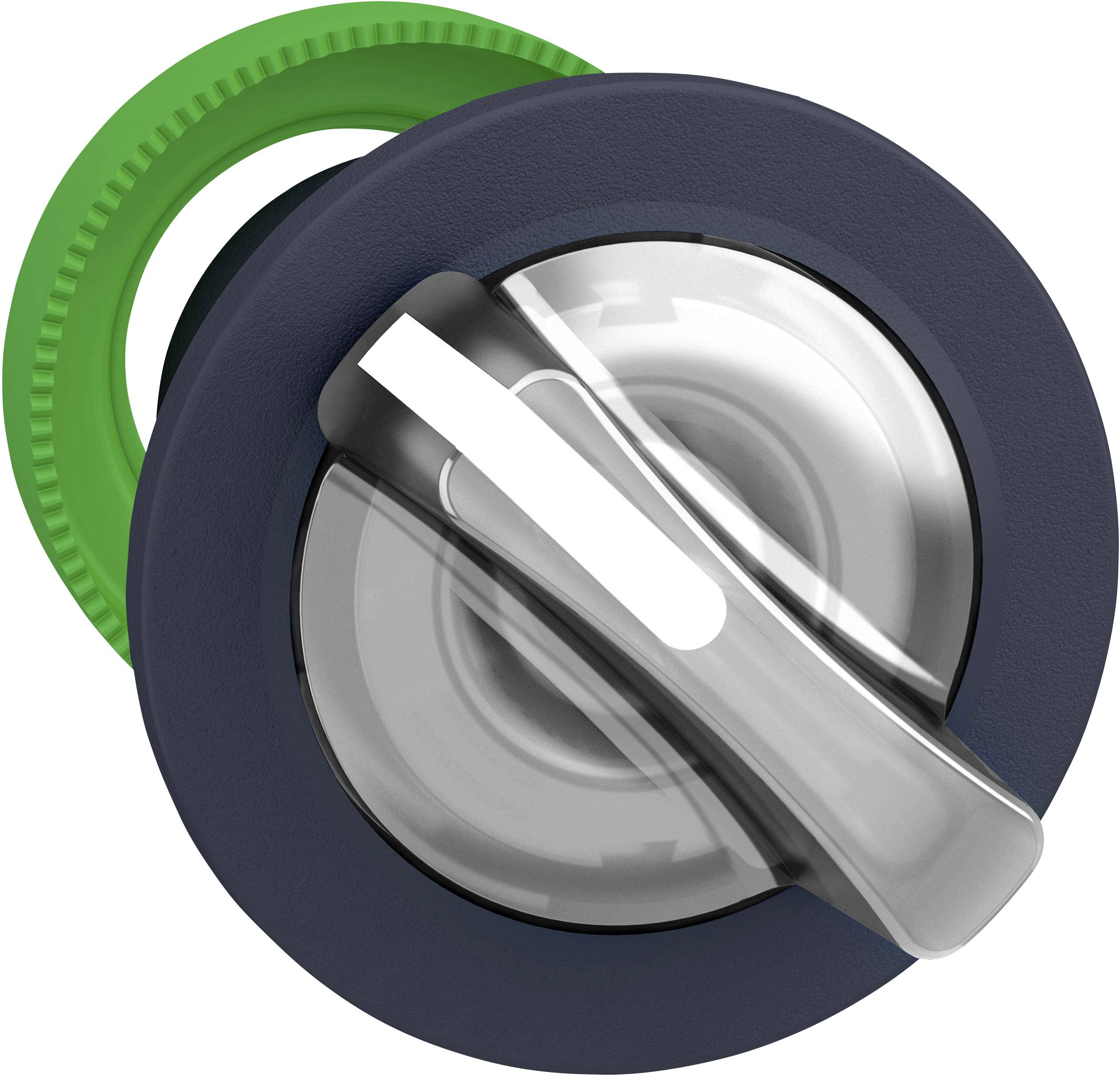 Ein drehbarer Schalter in grau und grün. Der Schalter befindet sich in der Aus-Position und könnte für industrielle Steuerungen verwendet werden.