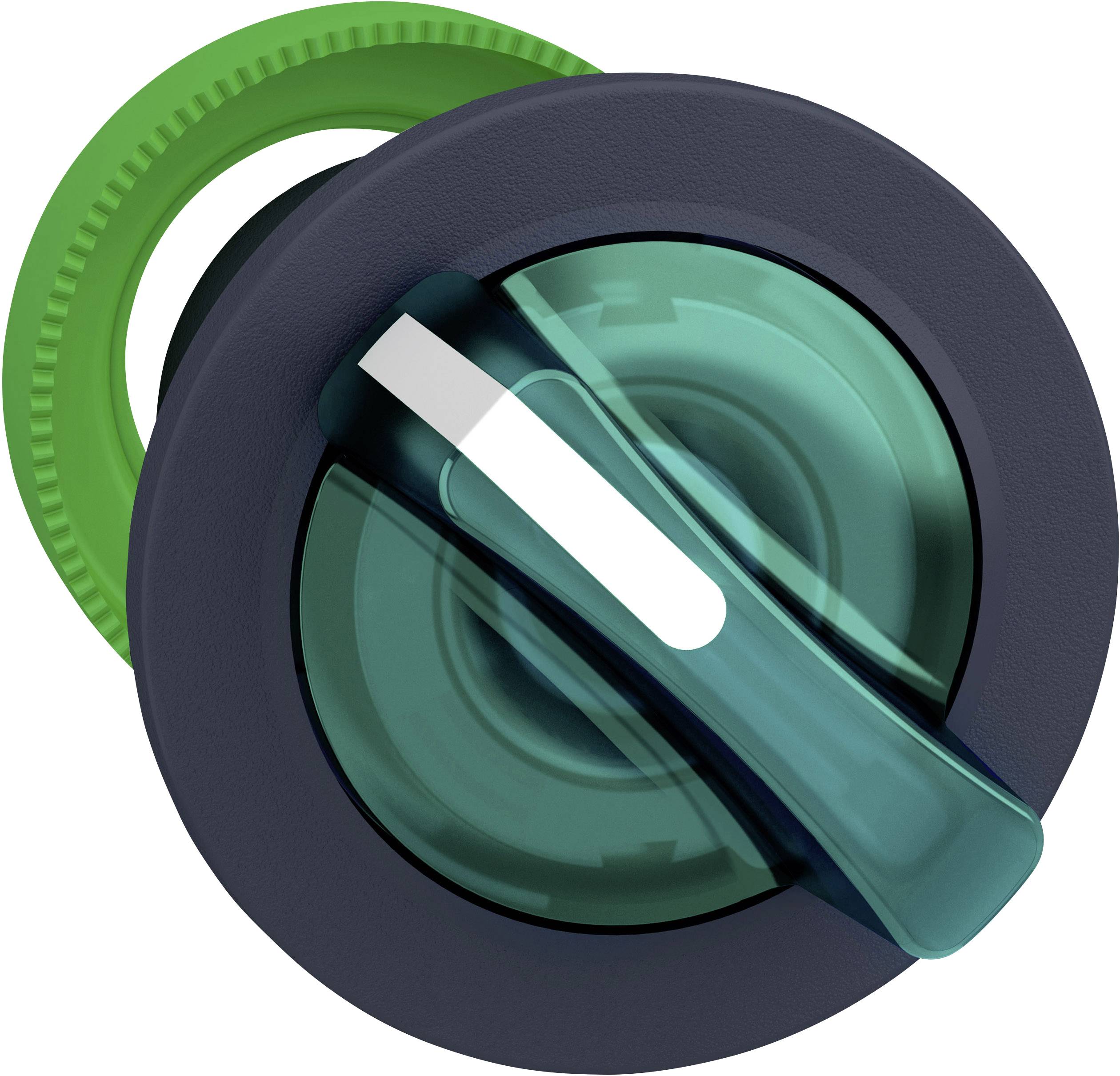 Ein grüner, runder Schalter mit einem durchsichtigen blau-grünen Hebel in der Mitte. Das Design wirkt modern und technisch.