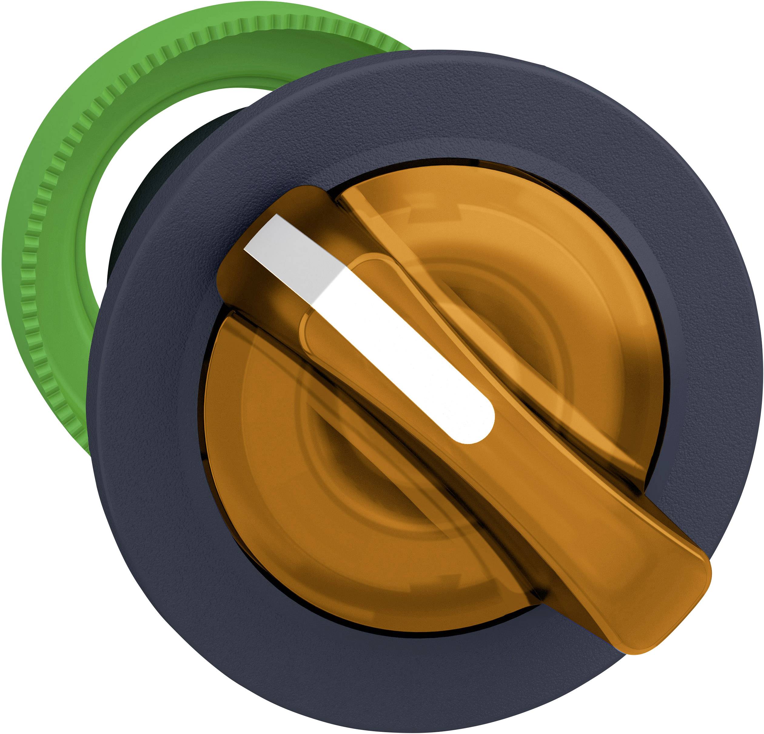 Ein orangefarbener Drehschalter mit einem grünen Ring im Hintergrund, möglicherweise für industrielle Steuerungen verwendet.