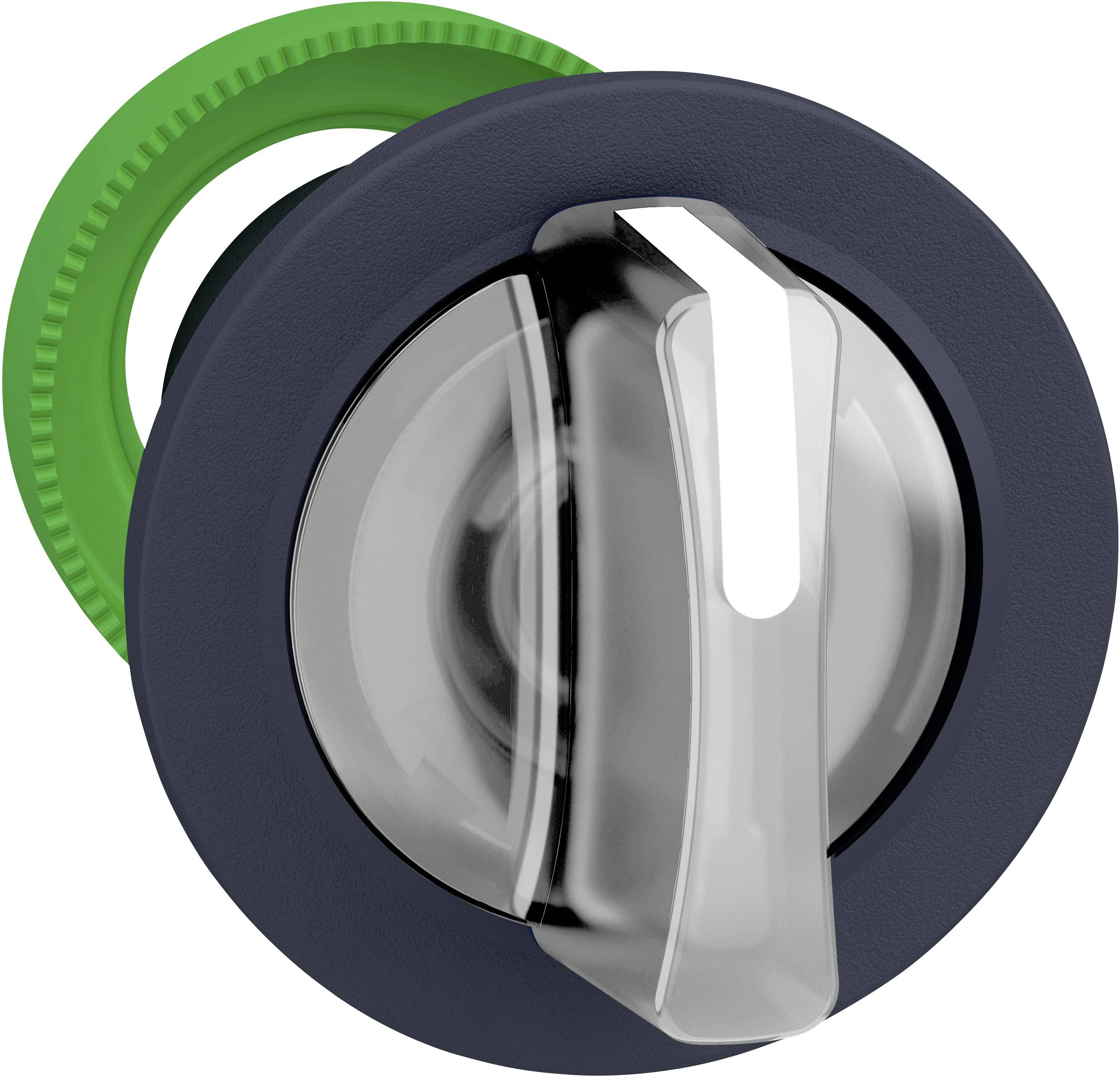 Ein runder, dunkler Schalter mit einem transparenten Hebel und einem grünen Einstellring, möglicherweise für die Steuerung eines Geräts.