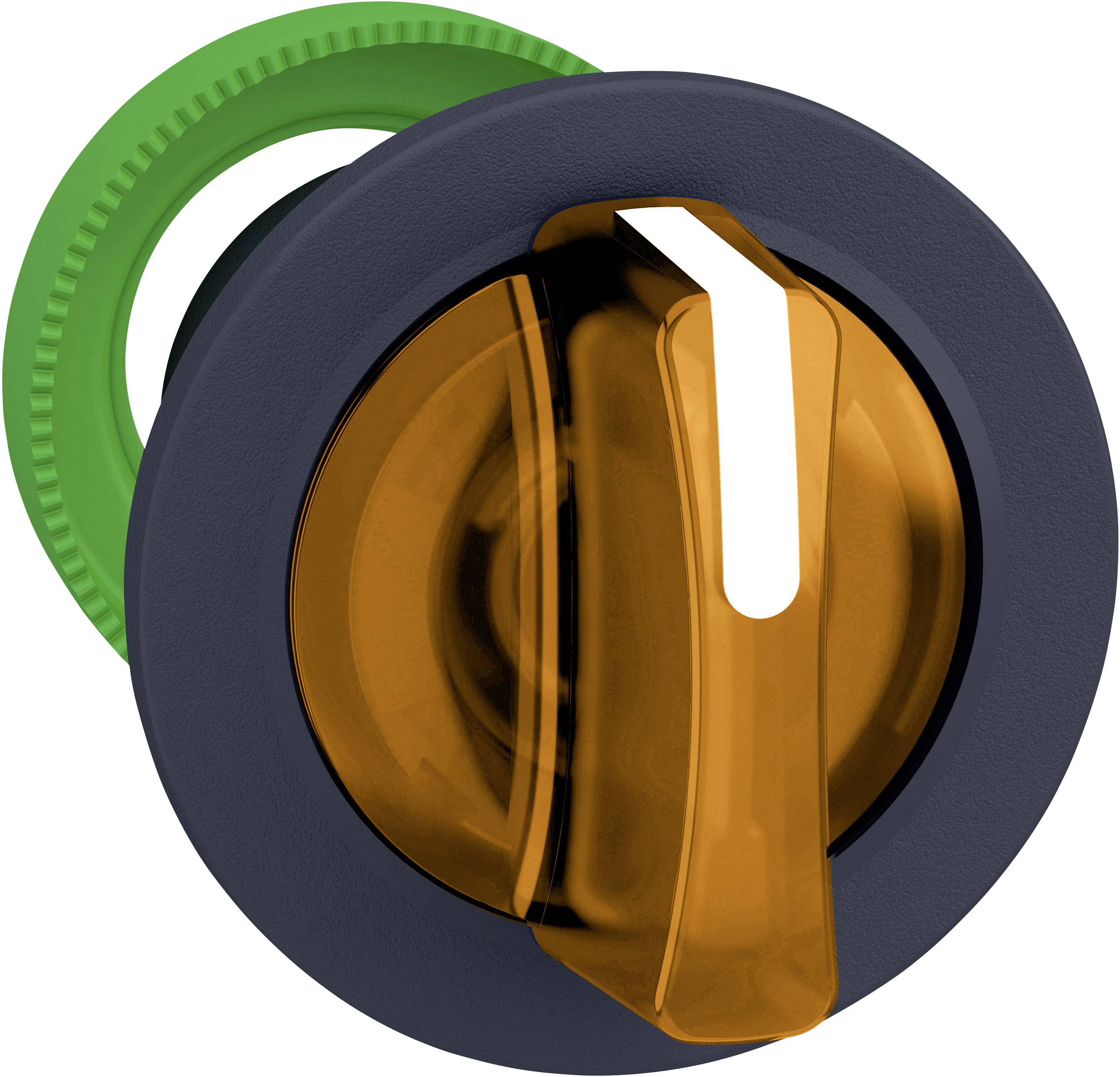 Ein orangefarbener Drehknopf mit einem weißen Indikator auf einem dunkelgrauen Gehäuse, umgeben von einem grünen, gezackten Rand.