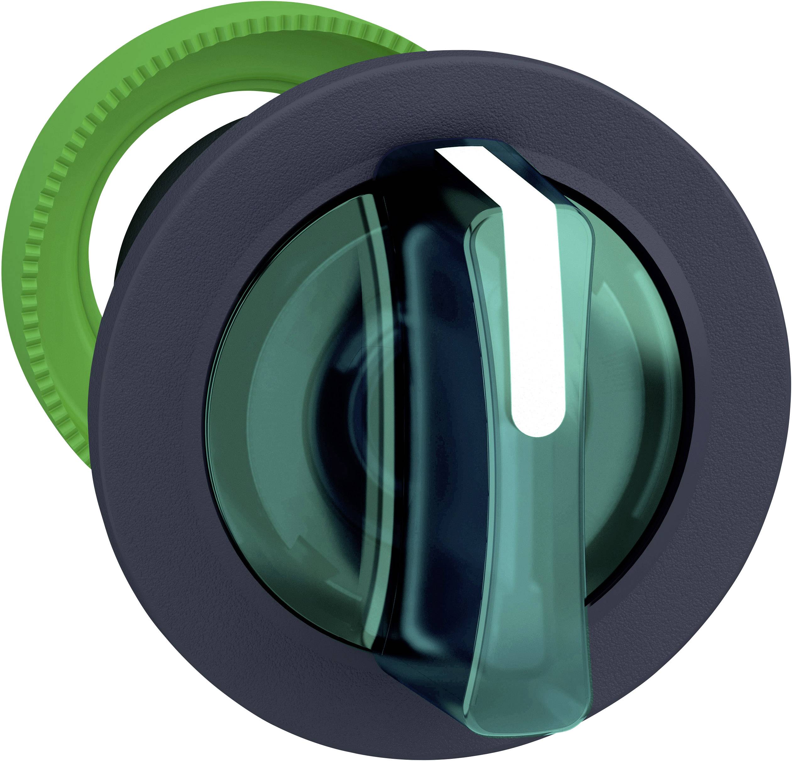 Ein grüner und schwarzer Drehknopf mit einem transparenten blauen Hebel in neutraler Position; industrielles Steuerungselement.