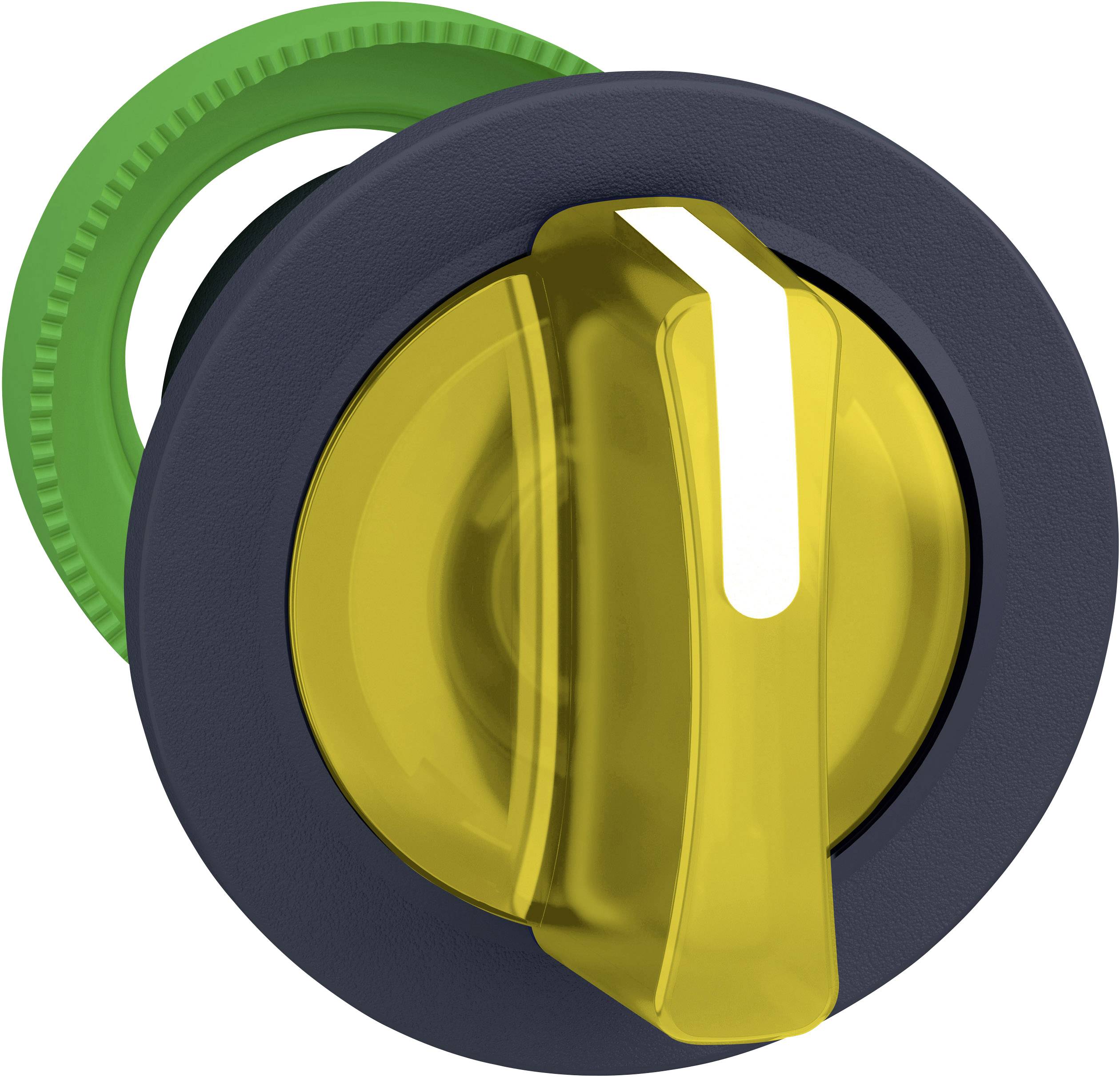 Drehschalter mit gelbem Griff und schwarzer Basis, eingerahmt von einem grünen Ring. Kontrastreiche Farben für klare Bedienung.