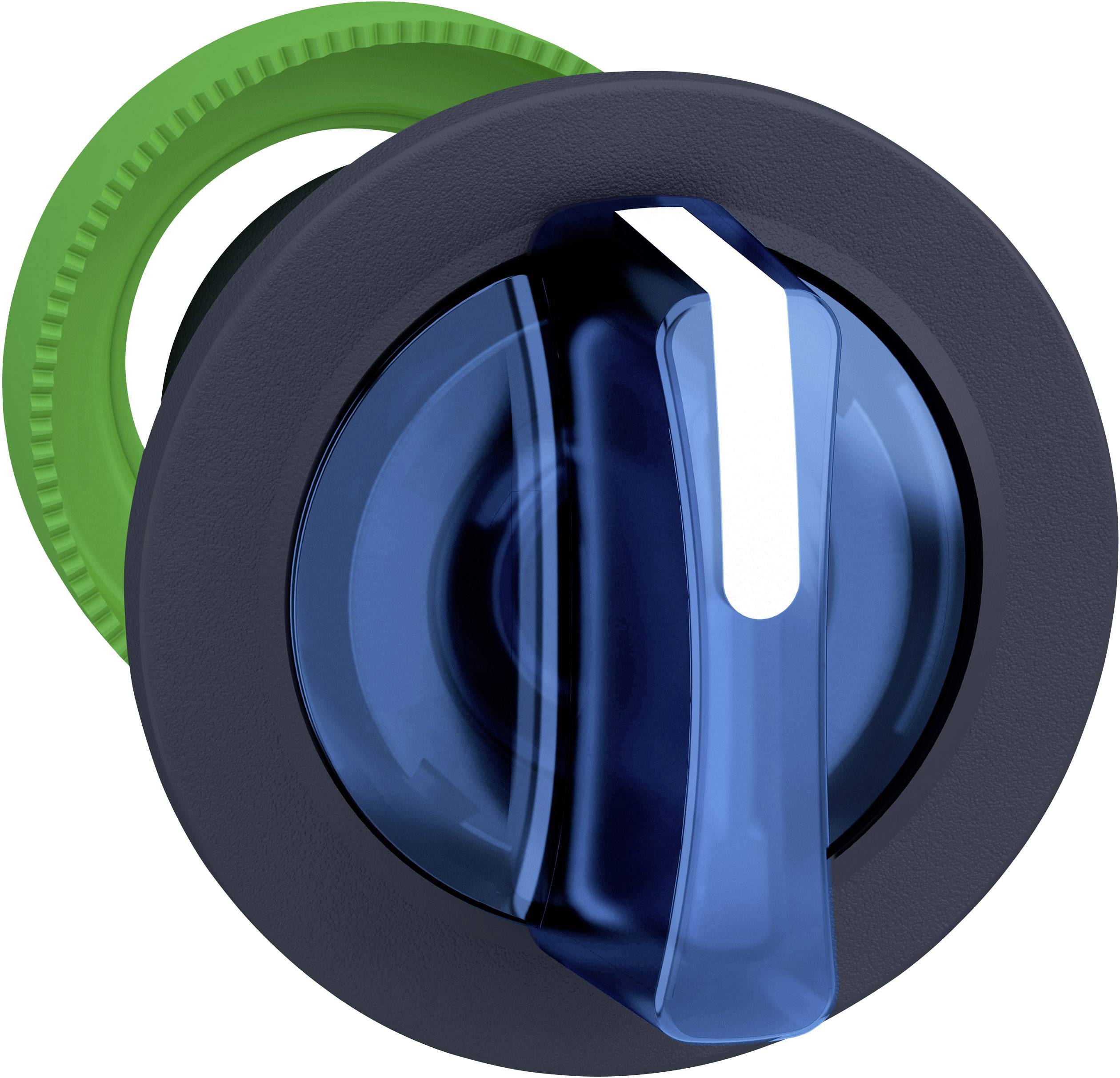 Drehknopf in Blau mit einem grünen Zahnrad im Hintergrund, Symbol für Einstellung oder Steuerung.