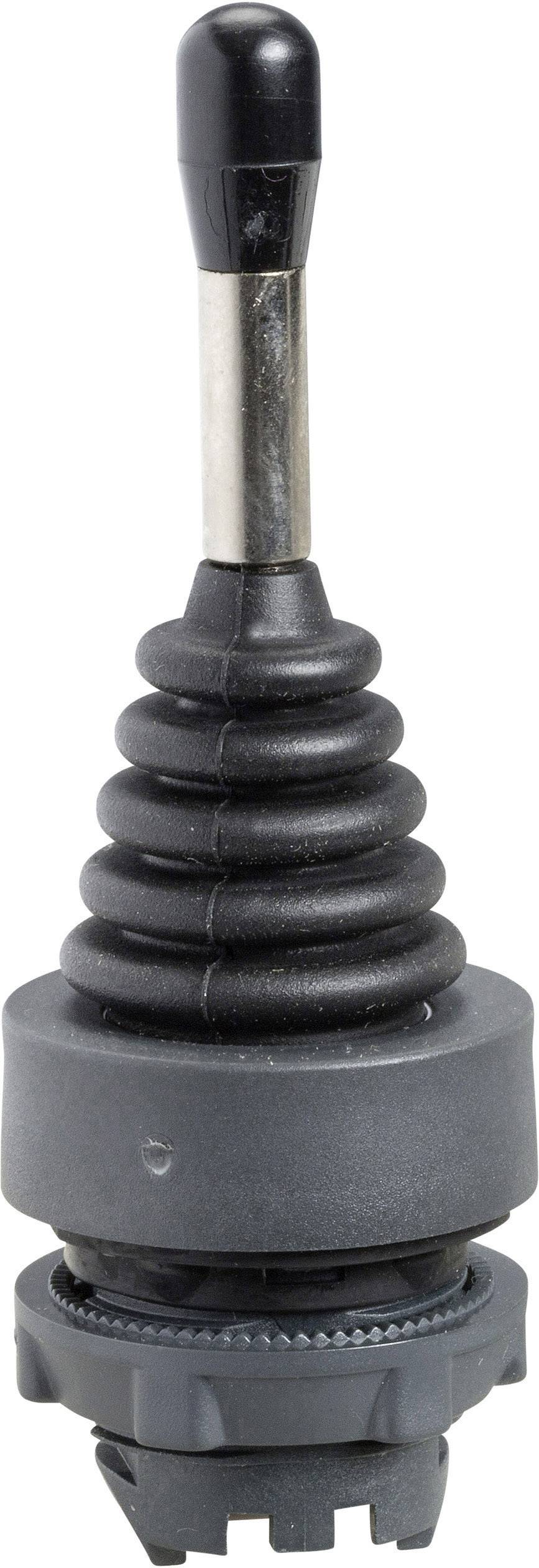Ein schwarzer, gerippter Joystick mit einem langen, metallischen Griff.