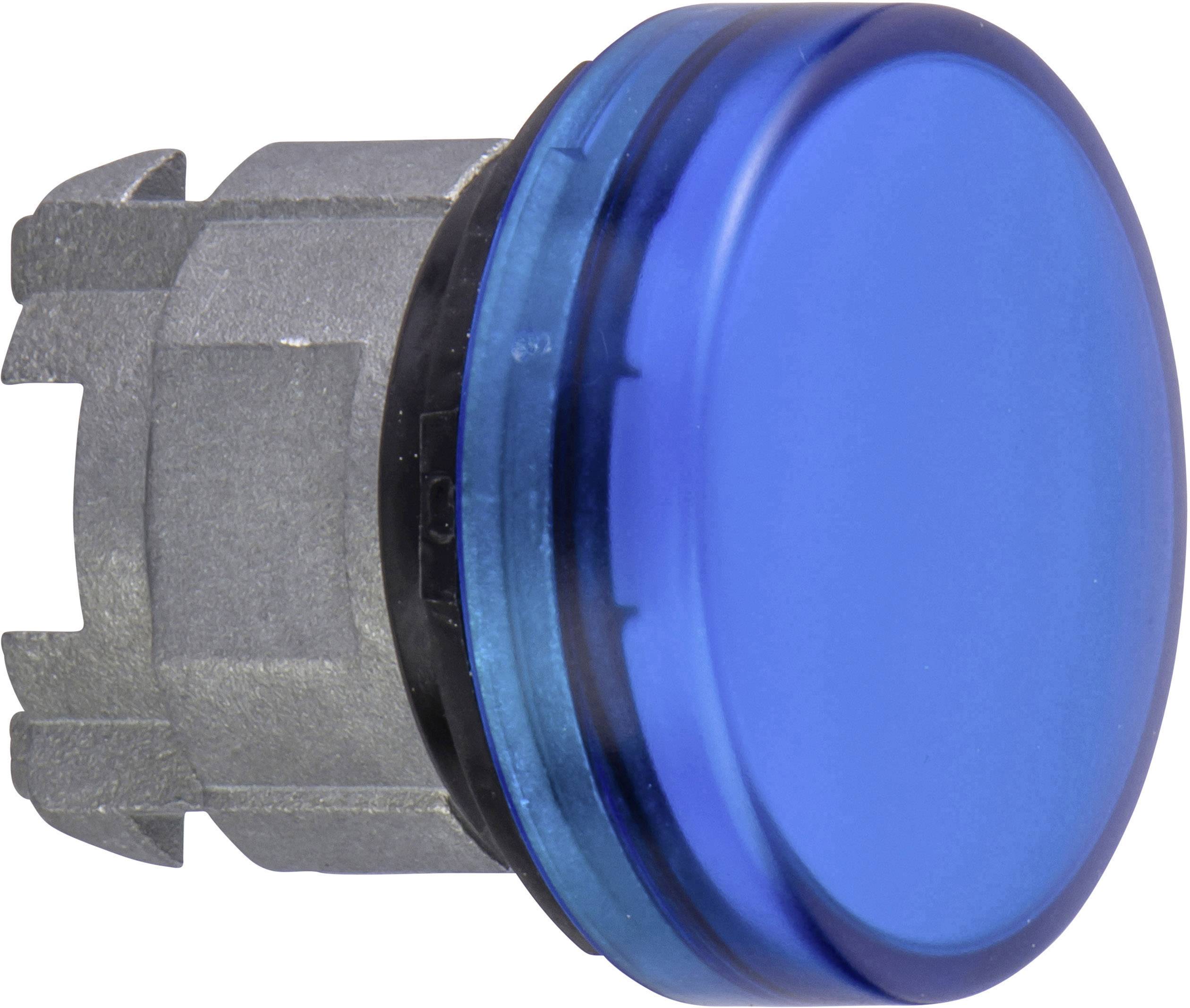 Ein blauer, runder Druckknopf mit silbernem Gehäuse. Geeignet für Maschinensteuerung oder elektrische Schaltanlagen.
