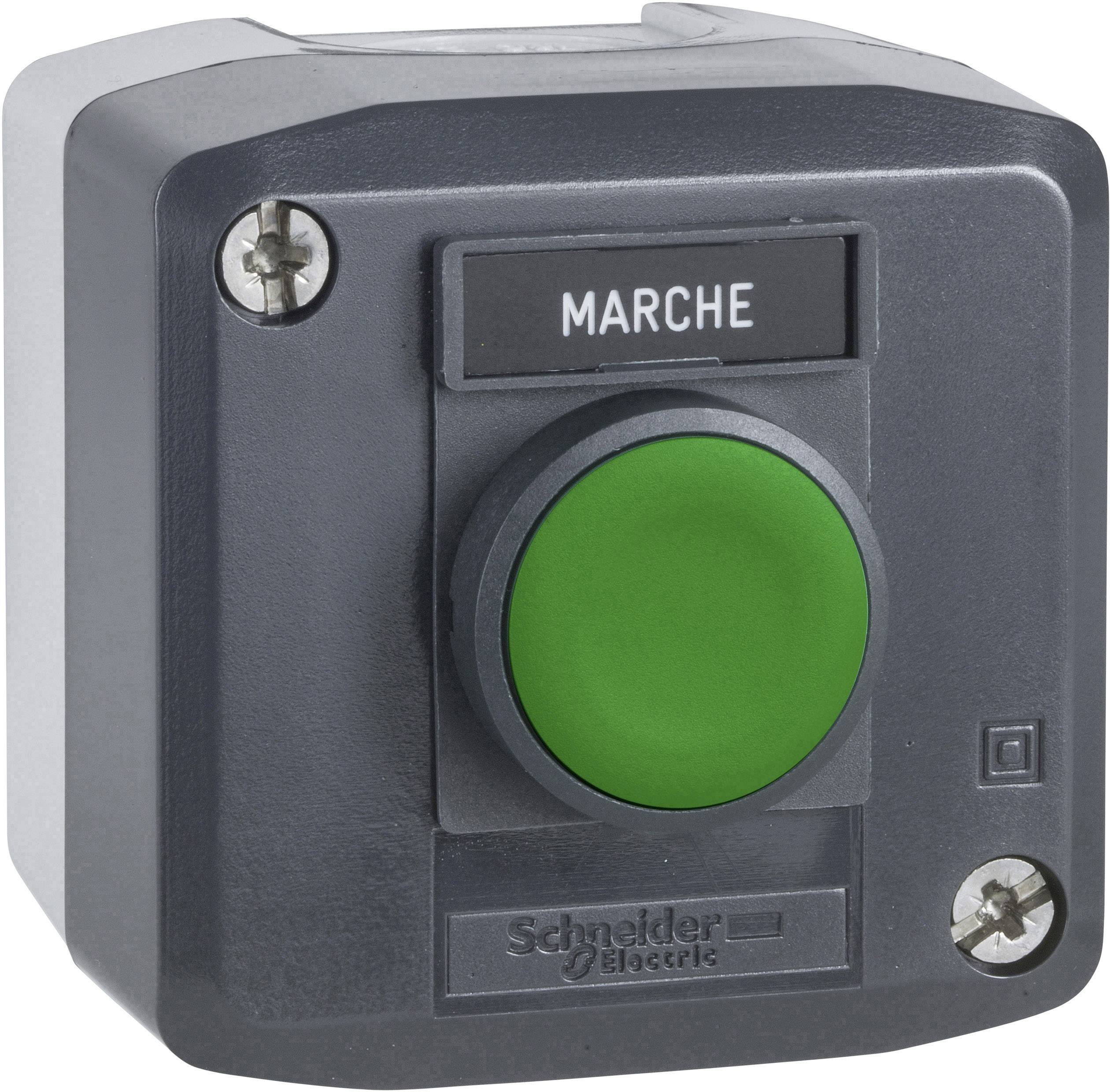Ein grau-schwarzer Schalter mit einem großen grünen Knopf und der Beschriftung 'MARCHE', hergestellt von Schneider Electric.