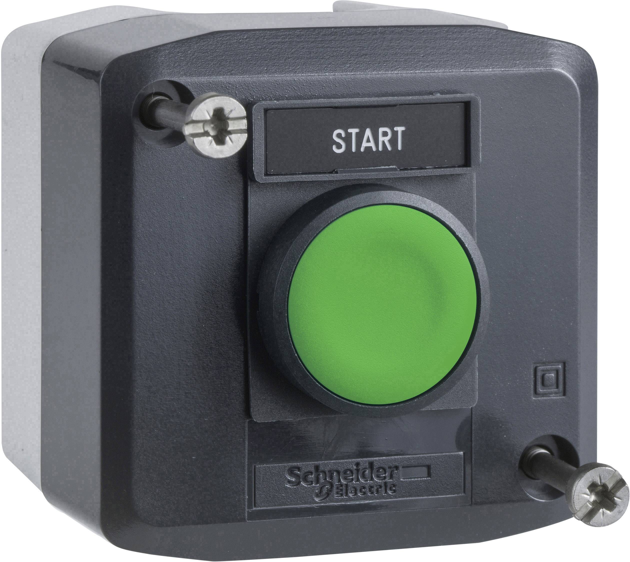 Grüner Startknopf auf einem schwarzen Gehäuse mit der Aufschrift 'START'; hergestellt von Schneider Electric.