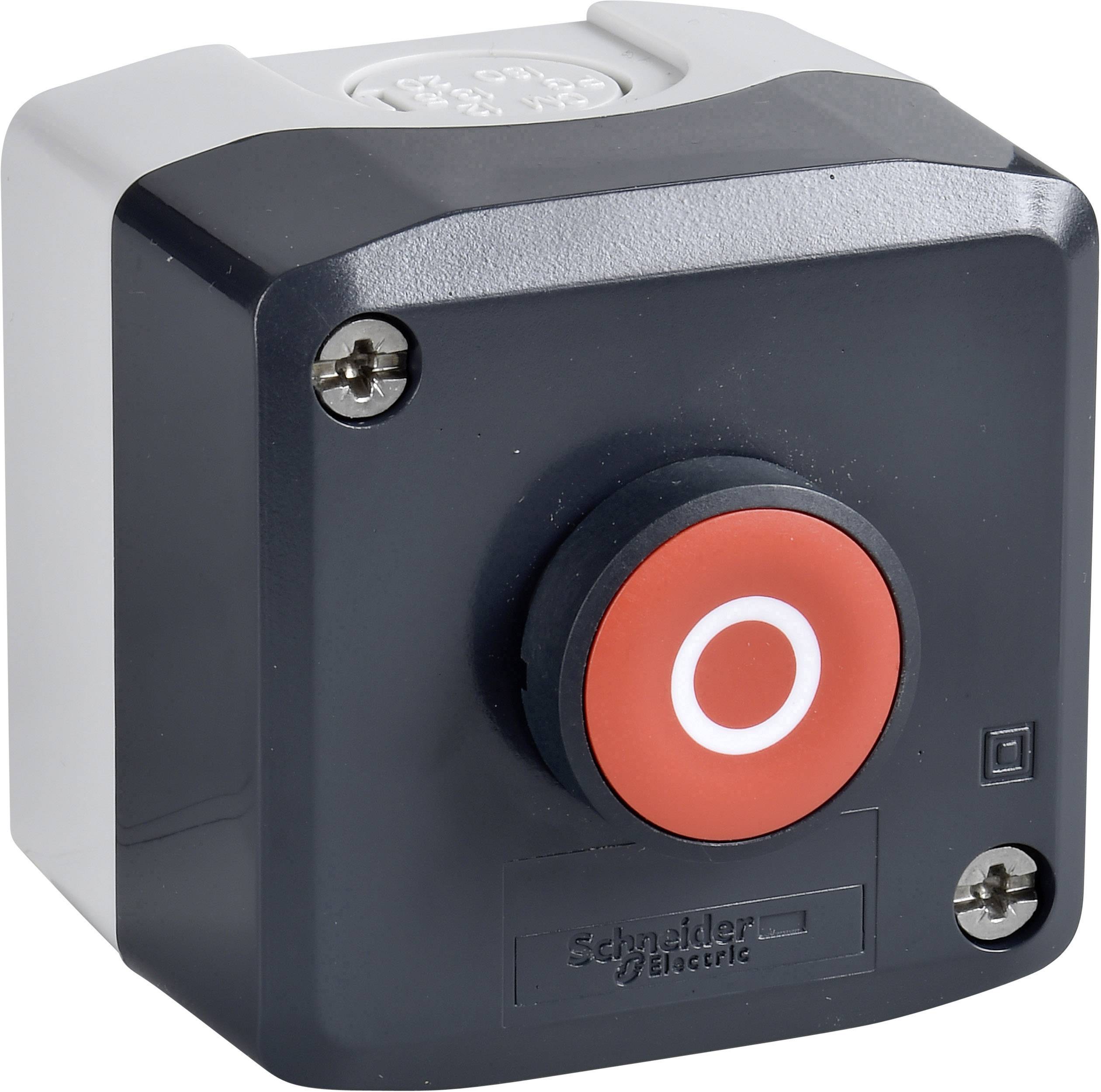 Schwarzer Schalter mit rotem Knopf in der Mitte, umgeben von einem grauen Gehäuse.