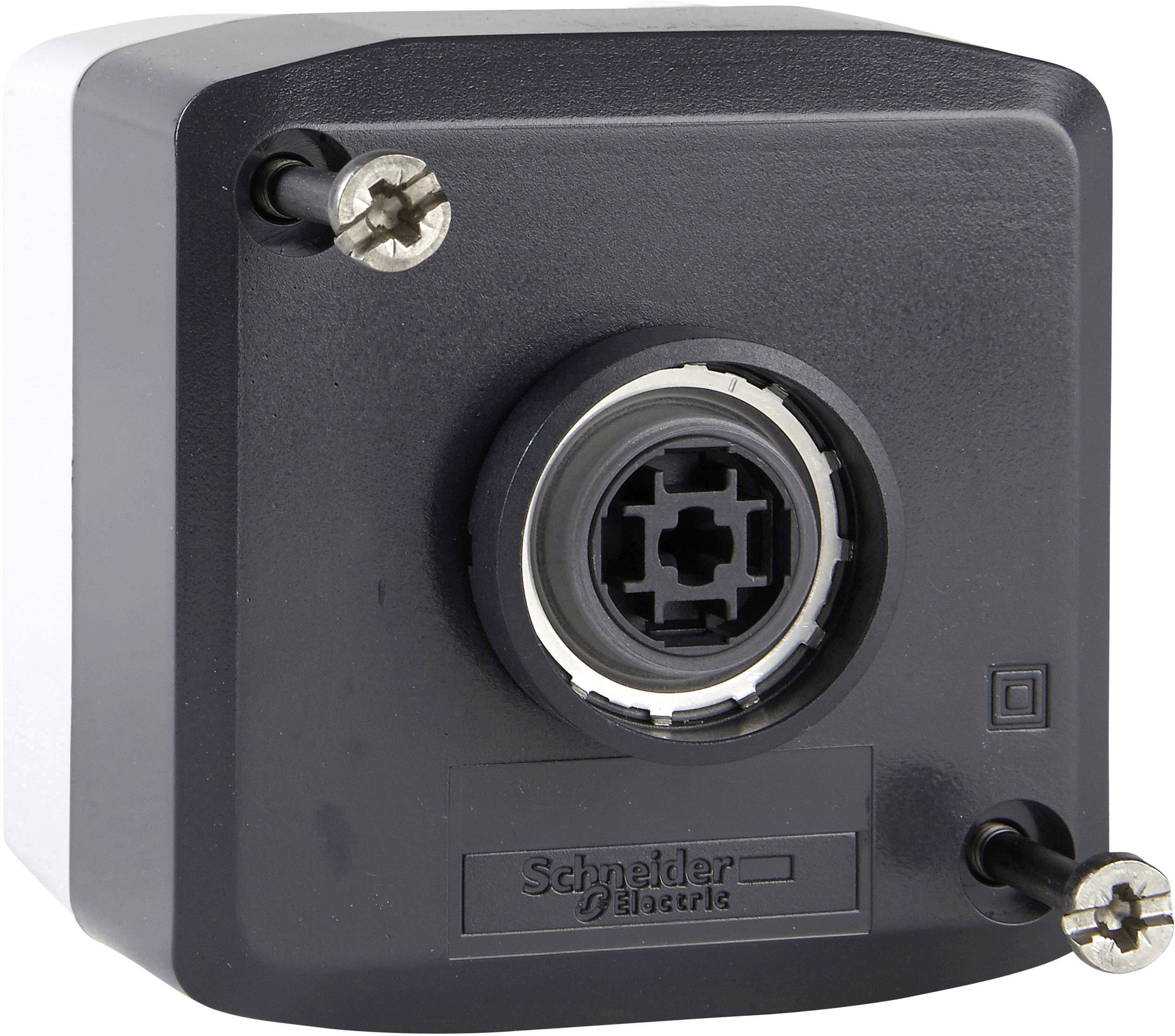 Schwarze quadratische Elektrokabelbox mit Befestigungsschrauben und zentraler Anschlussöffnung, Marke 'Schneider Electric'.