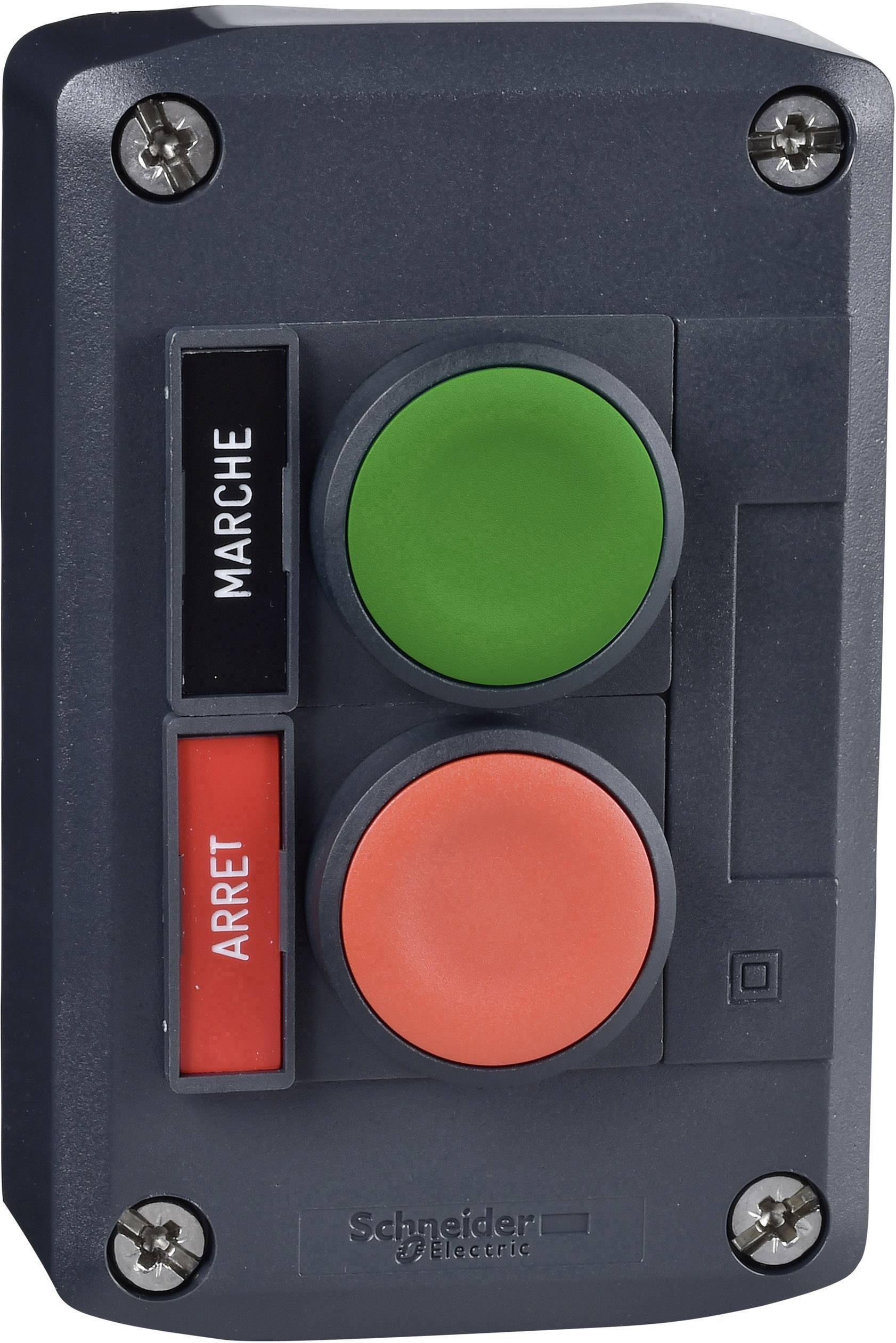 Grauer Kasten mit zwei Drucktasten: grün über rot. Grün beschriftet mit 'Marche' (Start), rot mit 'Arrêt' (Stopp).