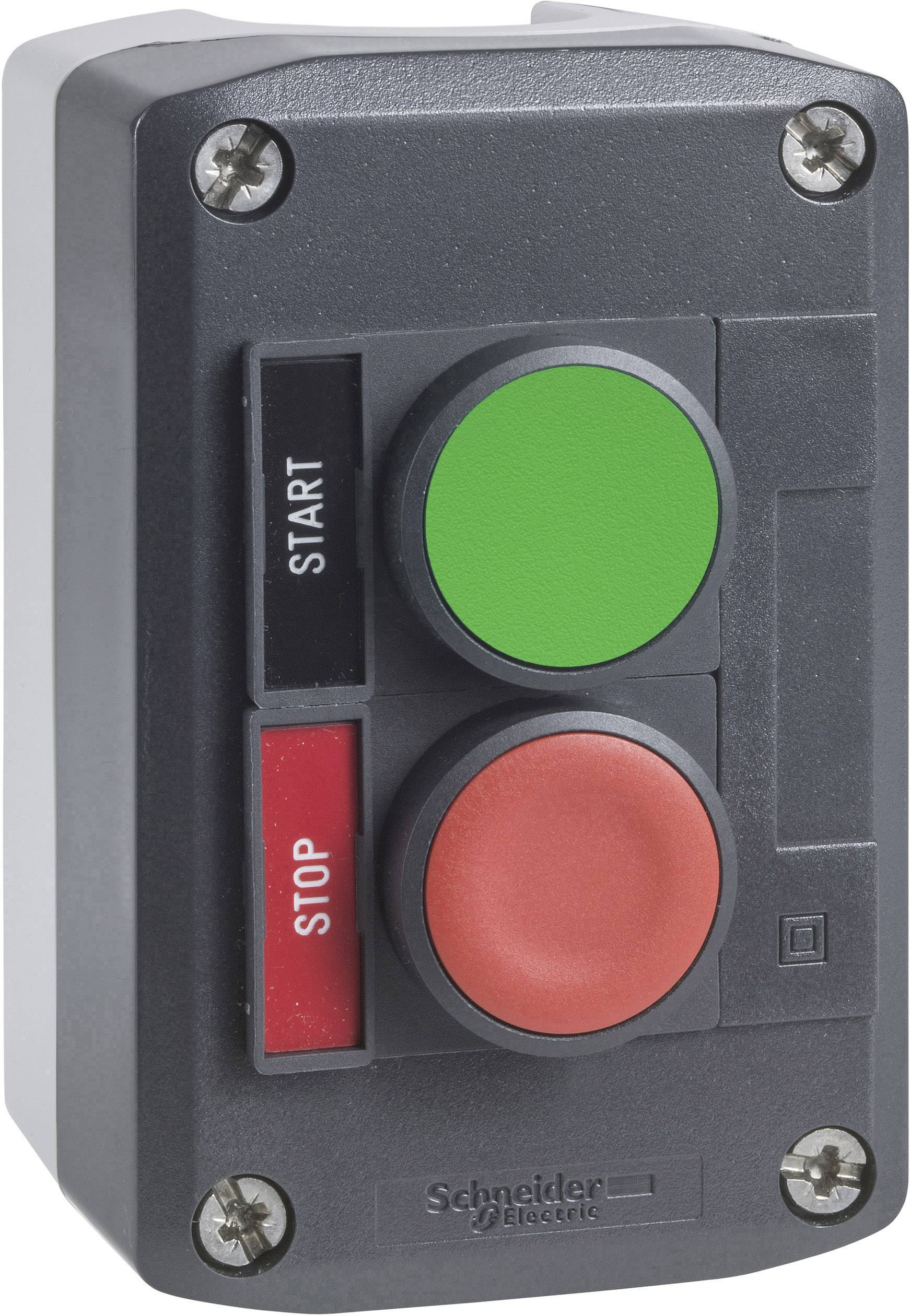 Ein Schalter mit einem grünen Knopf mit der Aufschrift 'START' und einem roten Knopf mit der Aufschrift 'STOP'.