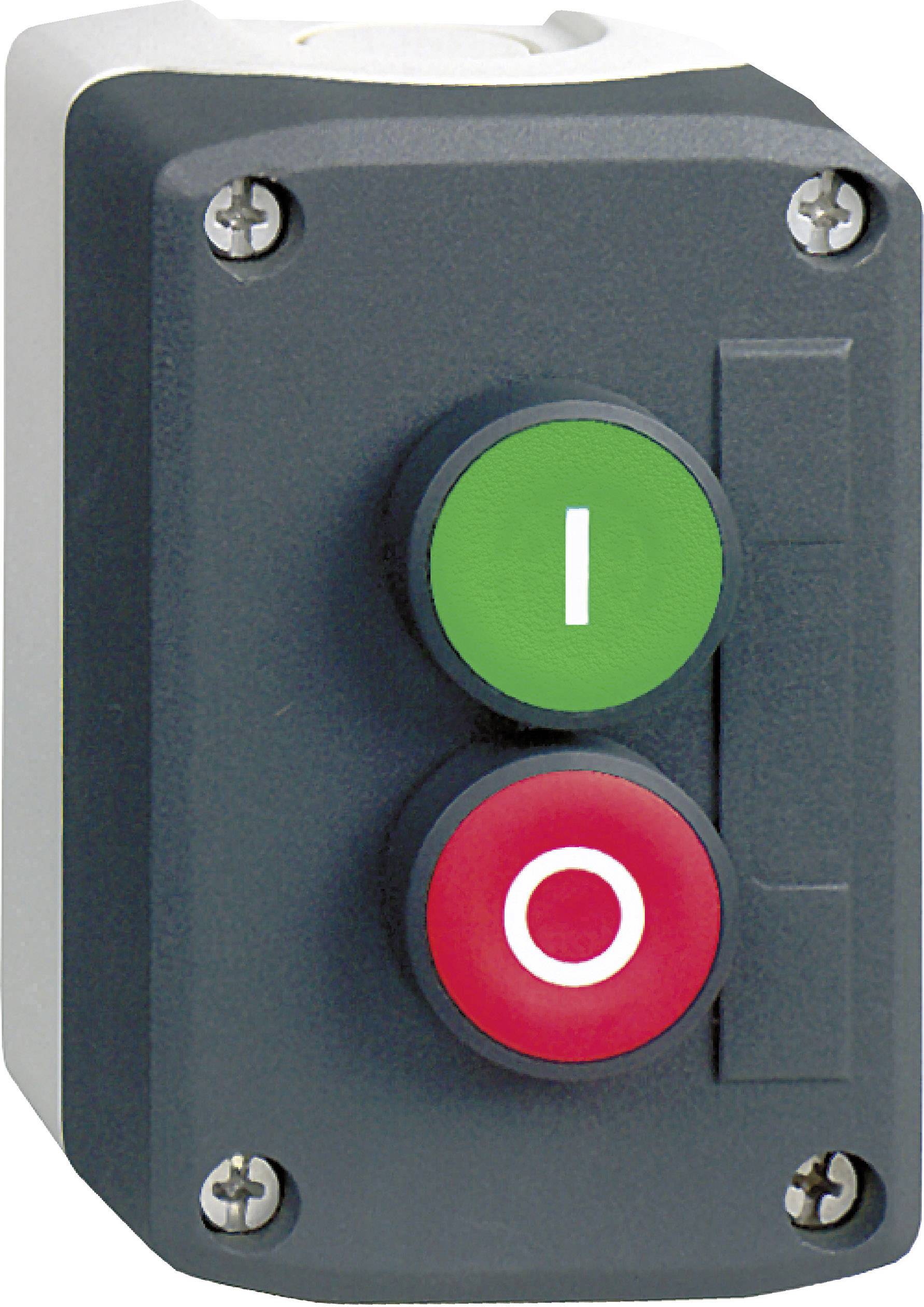 Ein grauer Schalter mit zwei Drucktasten: eine grüne 'I'-Taste oben zum Einschalten und eine rote 'O'-Taste unten zum Ausschalten.