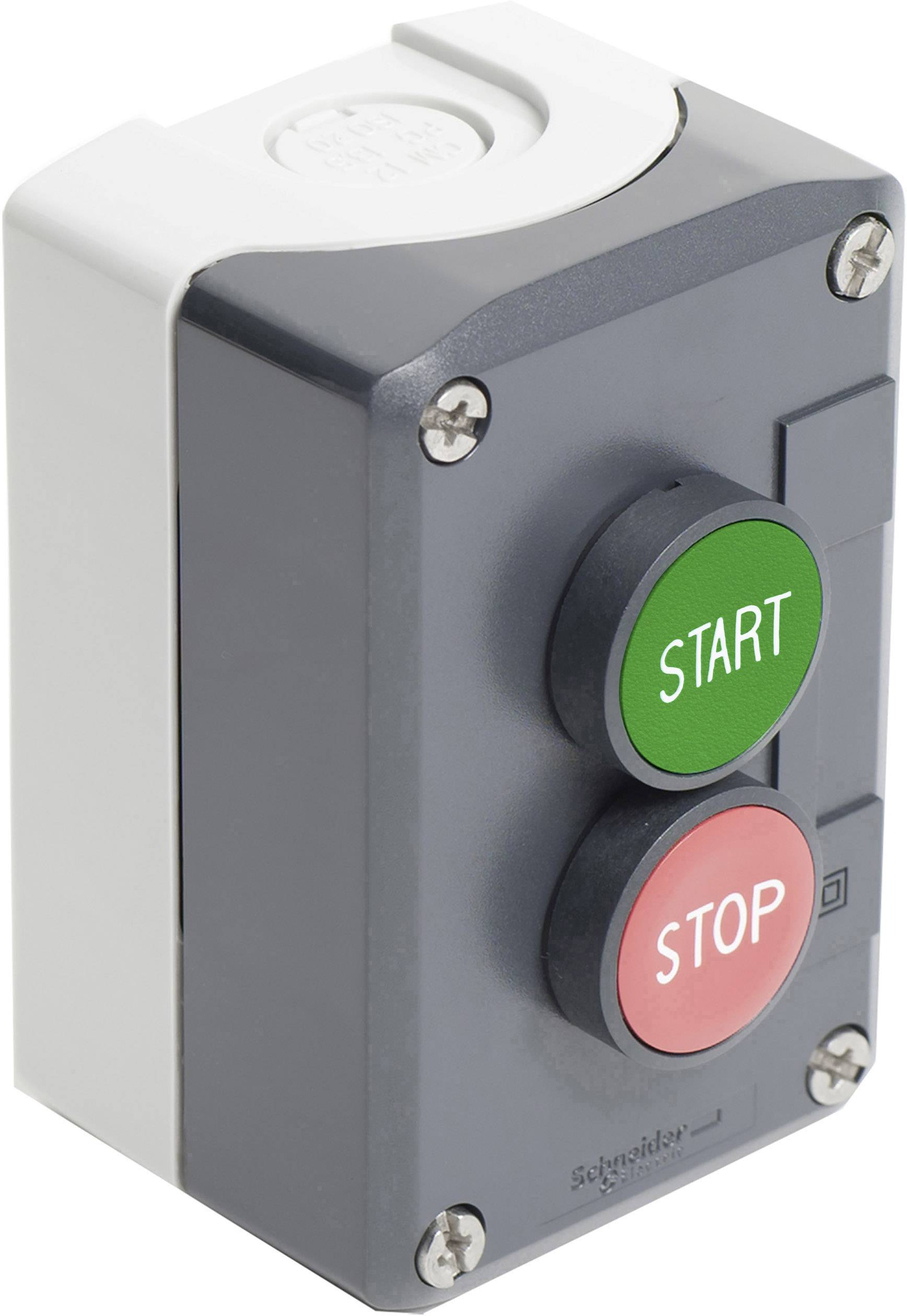 Ein rechteckiges Bedienfeld mit zwei großen Knöpfen übereinander. Der obere Knopf ist grün und mit 'START' beschriftet, der untere ist rot und mit 'STOP' beschriftet.