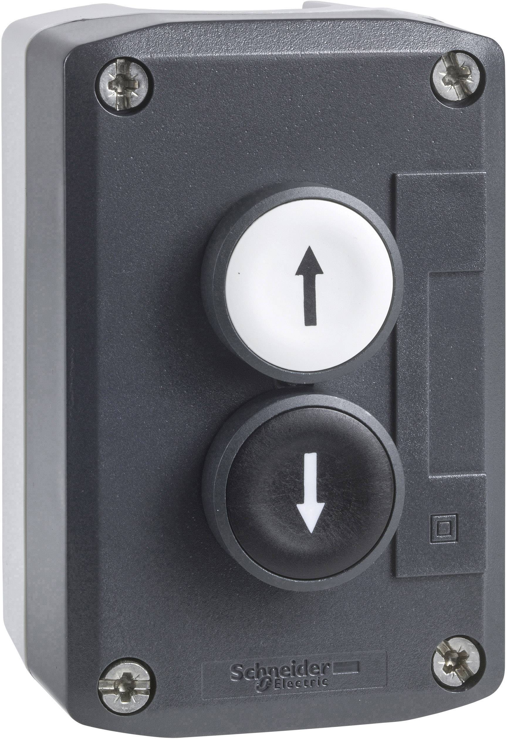 Zwei Druckknöpfe in einem Gehäuse, einer oben mit weißem Hintergrund und Aufwärts-Pfeil, der untere schwarz mit Abwärts-Pfeil.