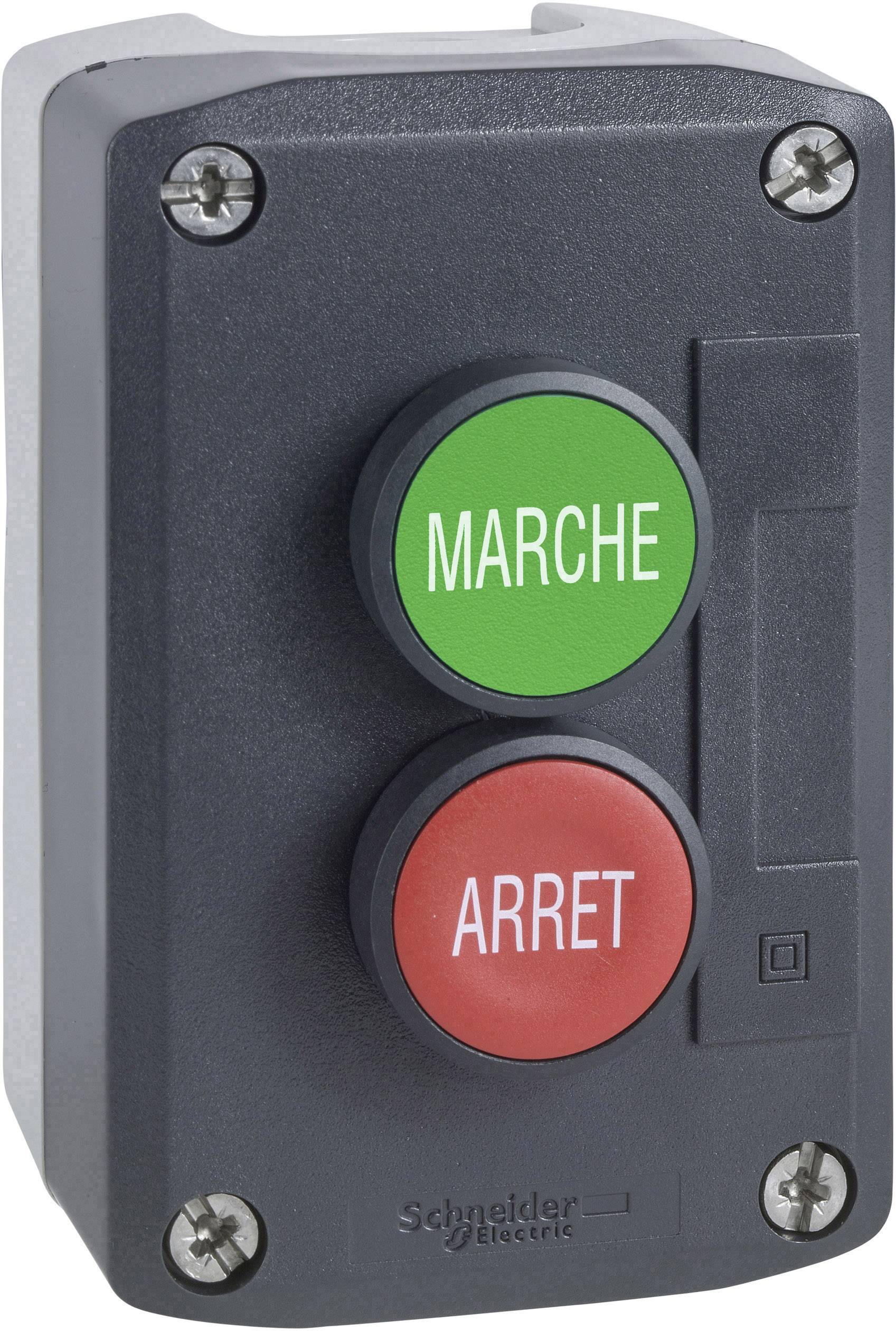 Ein schwarzes Bedienfeld mit zwei kreisförmigen Tasten: eine grüne mit der Aufschrift 'MARCHE' und eine rote mit der Aufschrift 'ARRET'.