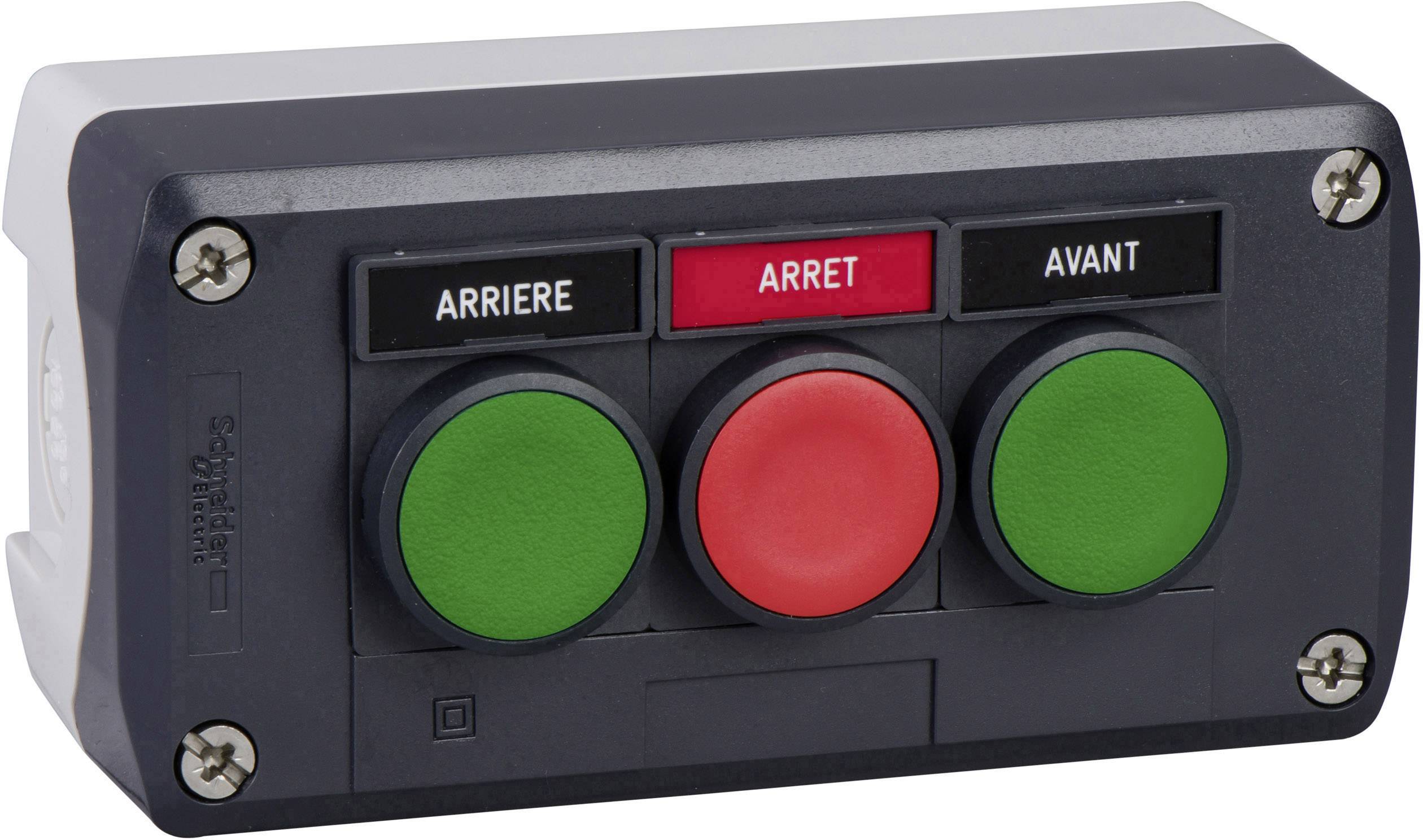 Dreifarbige Steuerkonsole mit drei Tasten: 'Arriere', 'Arret', 'Avant'. Grüne und rote Schalter für Steuerungsfunktion.