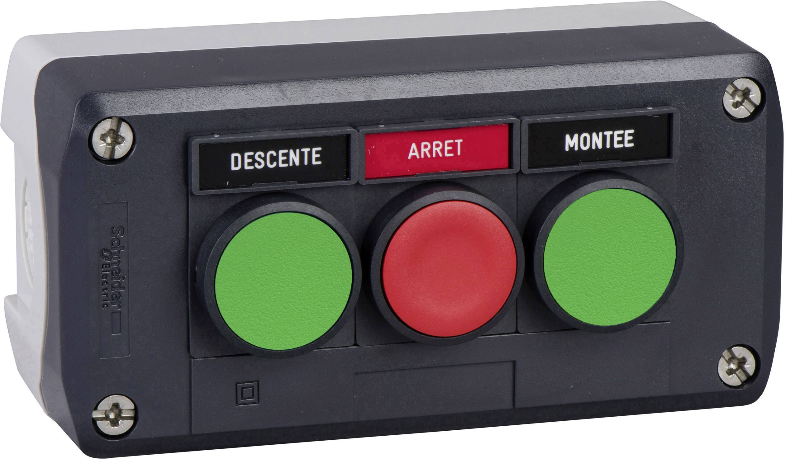 Schaltkasten mit drei Tasten: 'DESCENTE' grün, 'ARRET' rot, 'MONTEE' grün.
