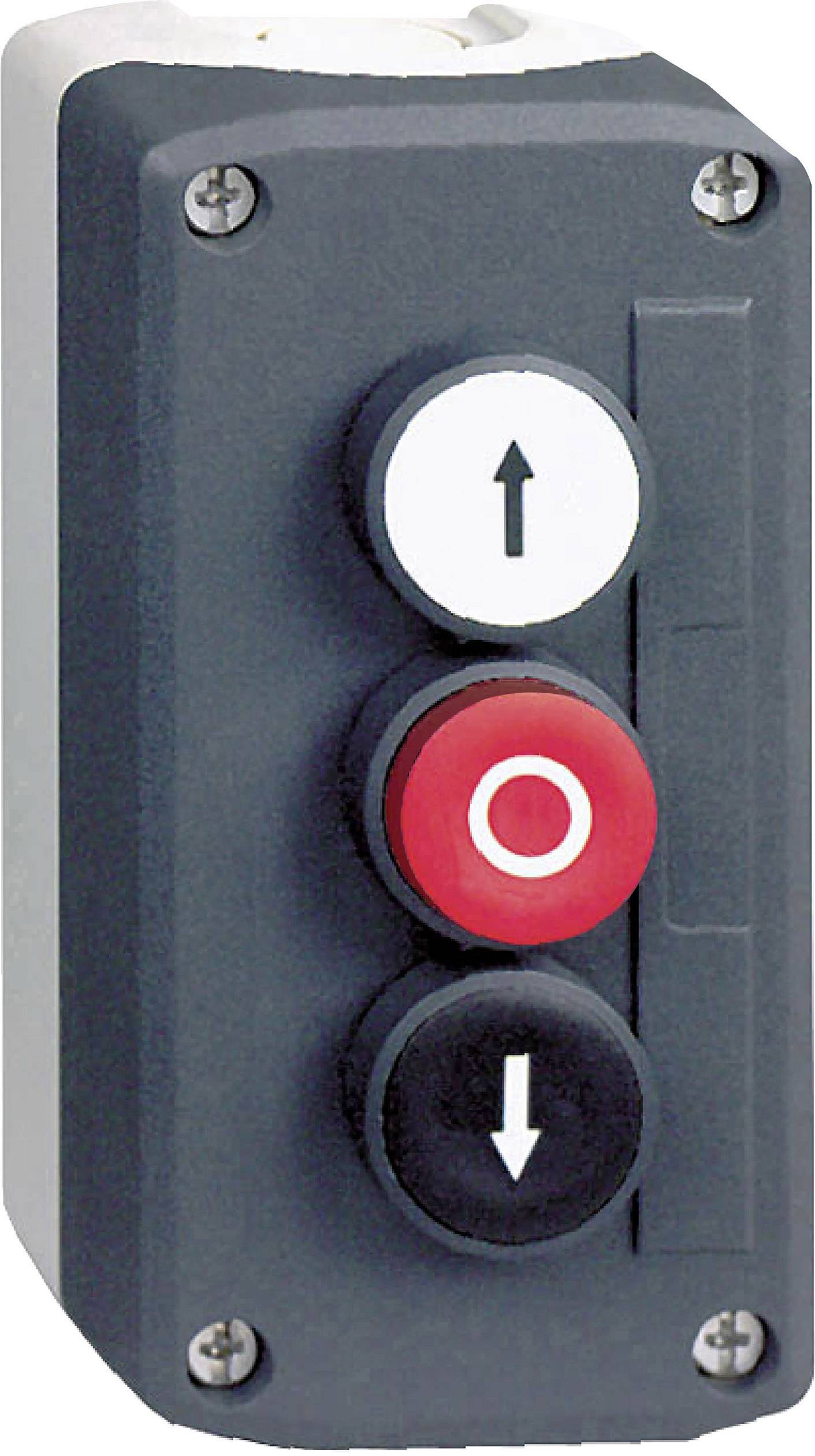 Hochformatiges Steuerungspanel mit drei Tasten: Oben weißer Pfeil nach oben, Mitte roter Kreis, unten schwarzer Pfeil nach unten.