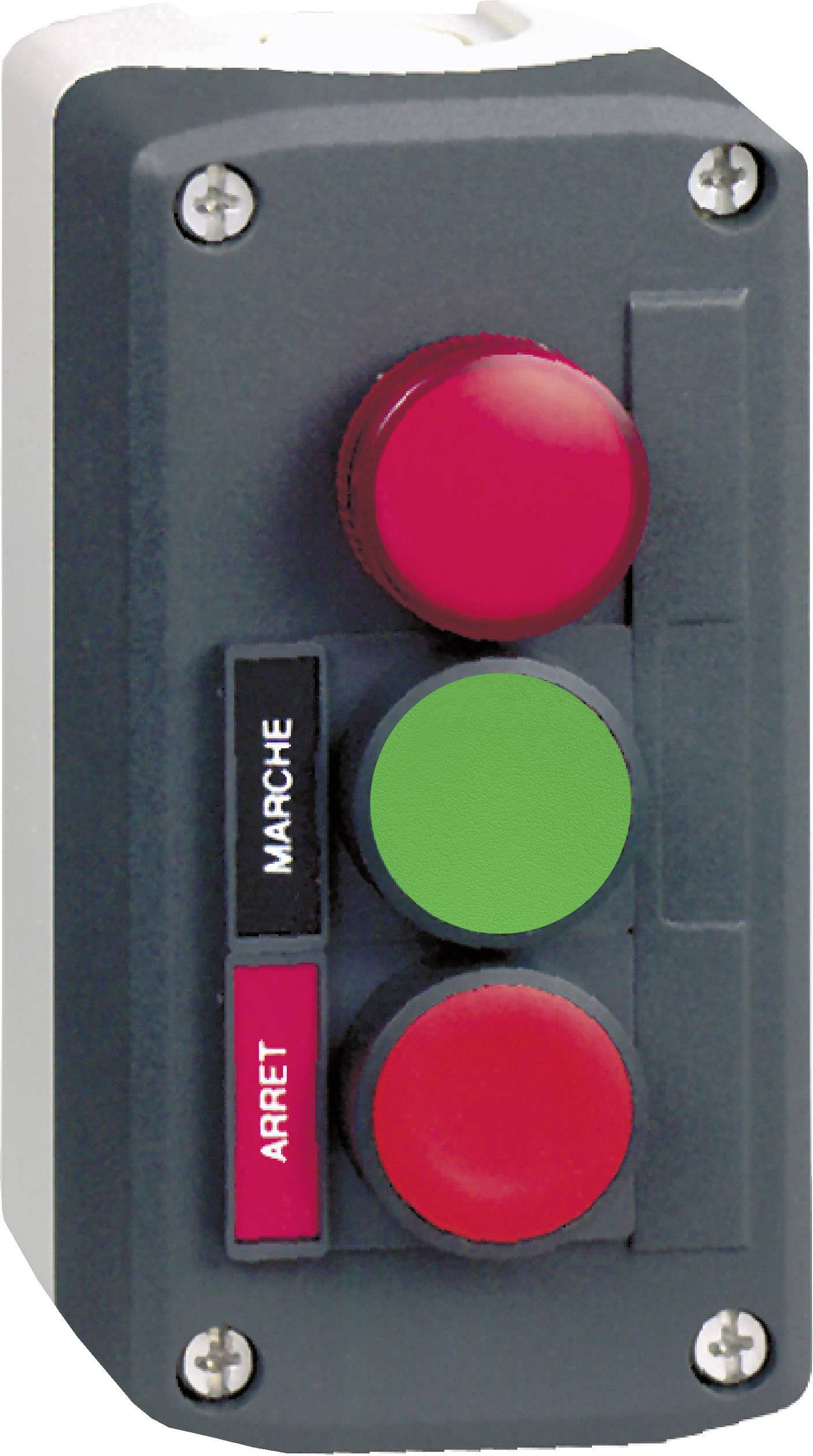 Industrieschalter mit zwei roten Knöpfen ('Arrêt') und einem grünen Knopf ('Marche') für Start und Stopp.