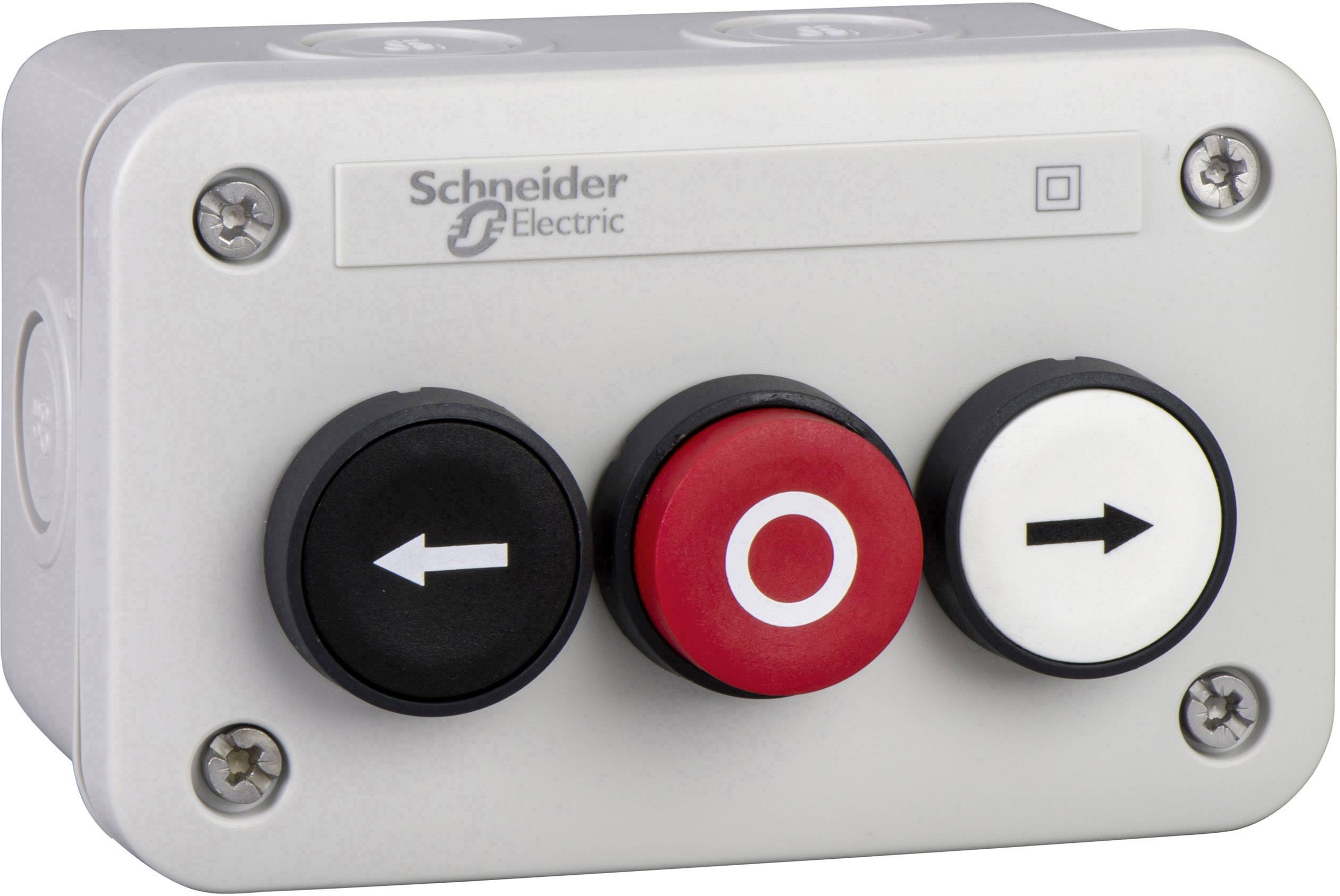 Drei runde Druckknöpfe: links schwarzer Pfeil nach links, Mitte roter Kreis, rechts weißer Pfeil nach rechts. Markenlogo oben.