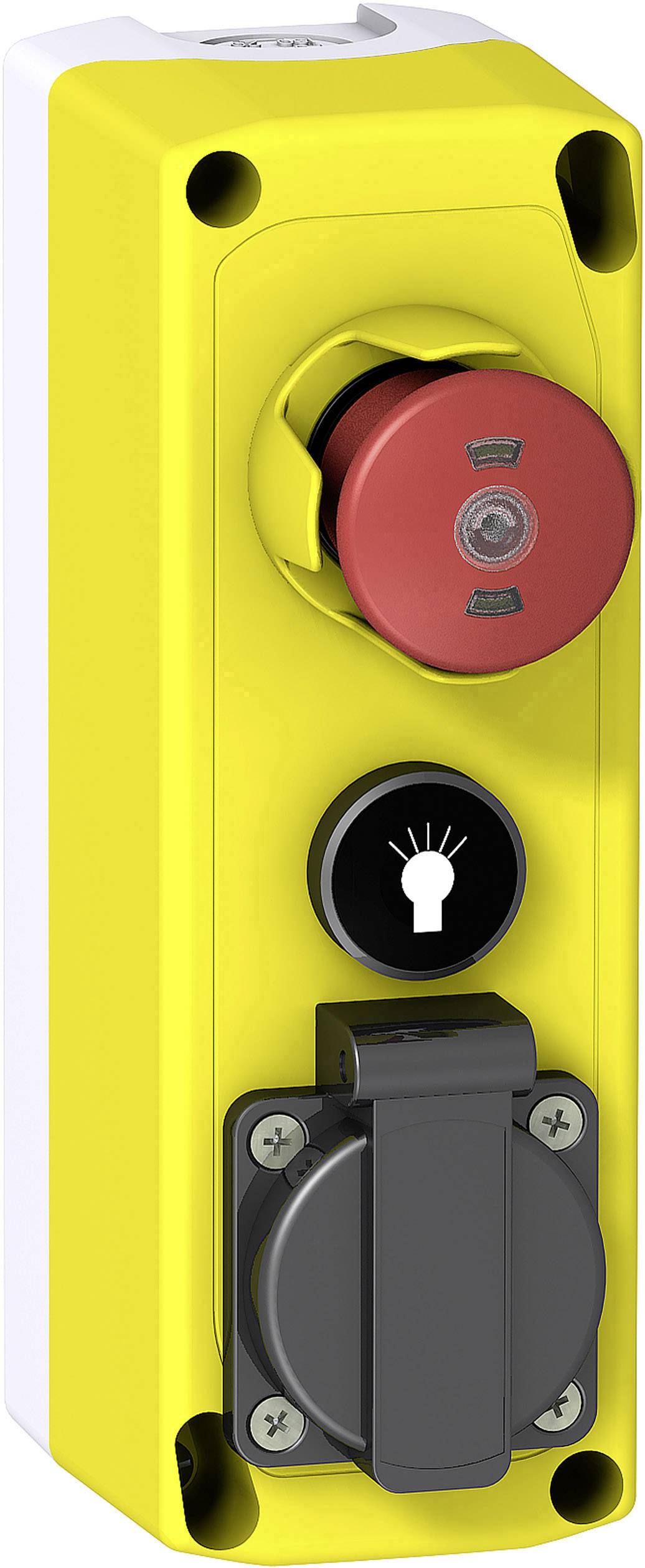 Gelbes Not-Aus-Schaltergehäuse mit rotem Knopf und Schlüsselloch darunter, vor industriellem Hintergrund.
