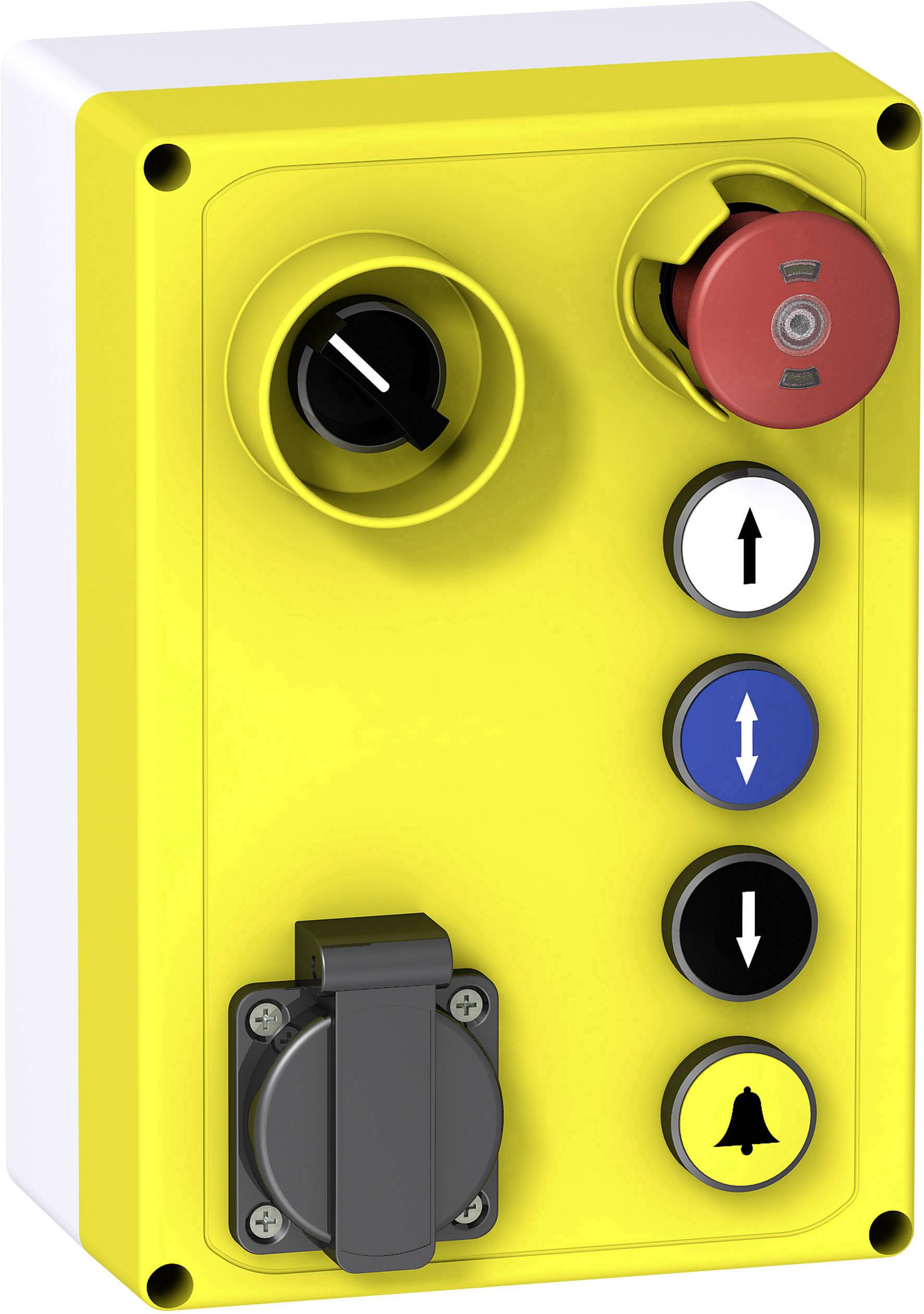 Gelbes Steuerkasten mit rotem Not-Aus-Schalter, schwarzem Drehschalter, Pfeiltasten für Auf/Ab und Glockensymbol.